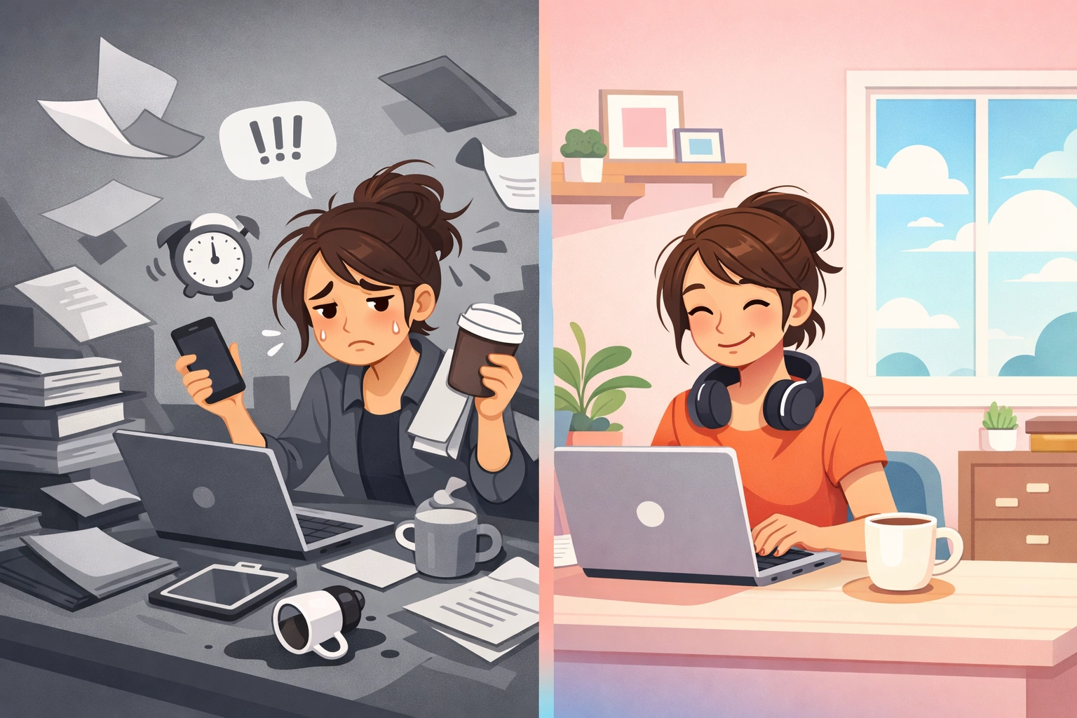 Before and after comparison showing transition from chaotic multi-tool workflow to organized unified system