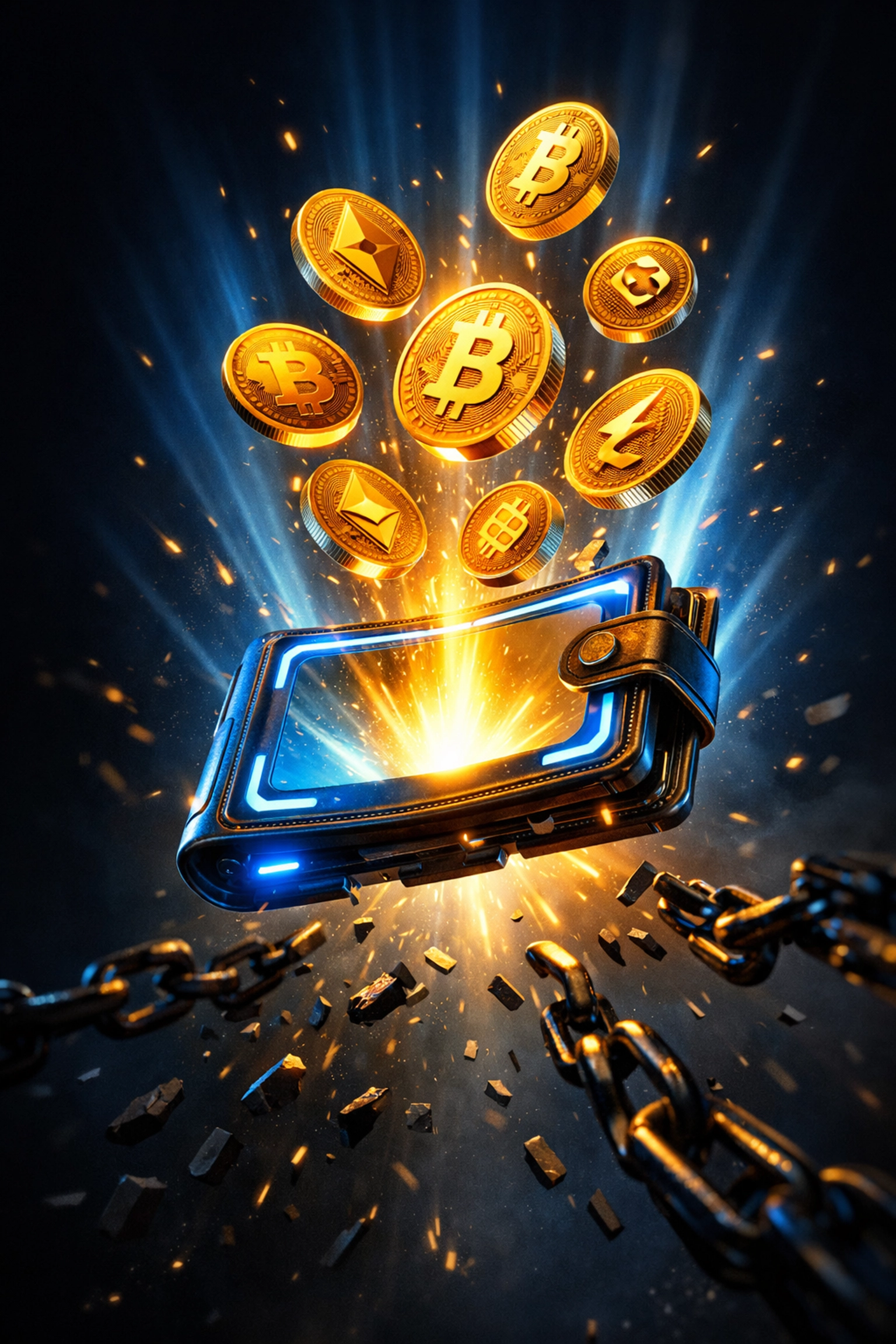 Self-custody crypto wallet with coins breaking free from chains eliminating custody fees