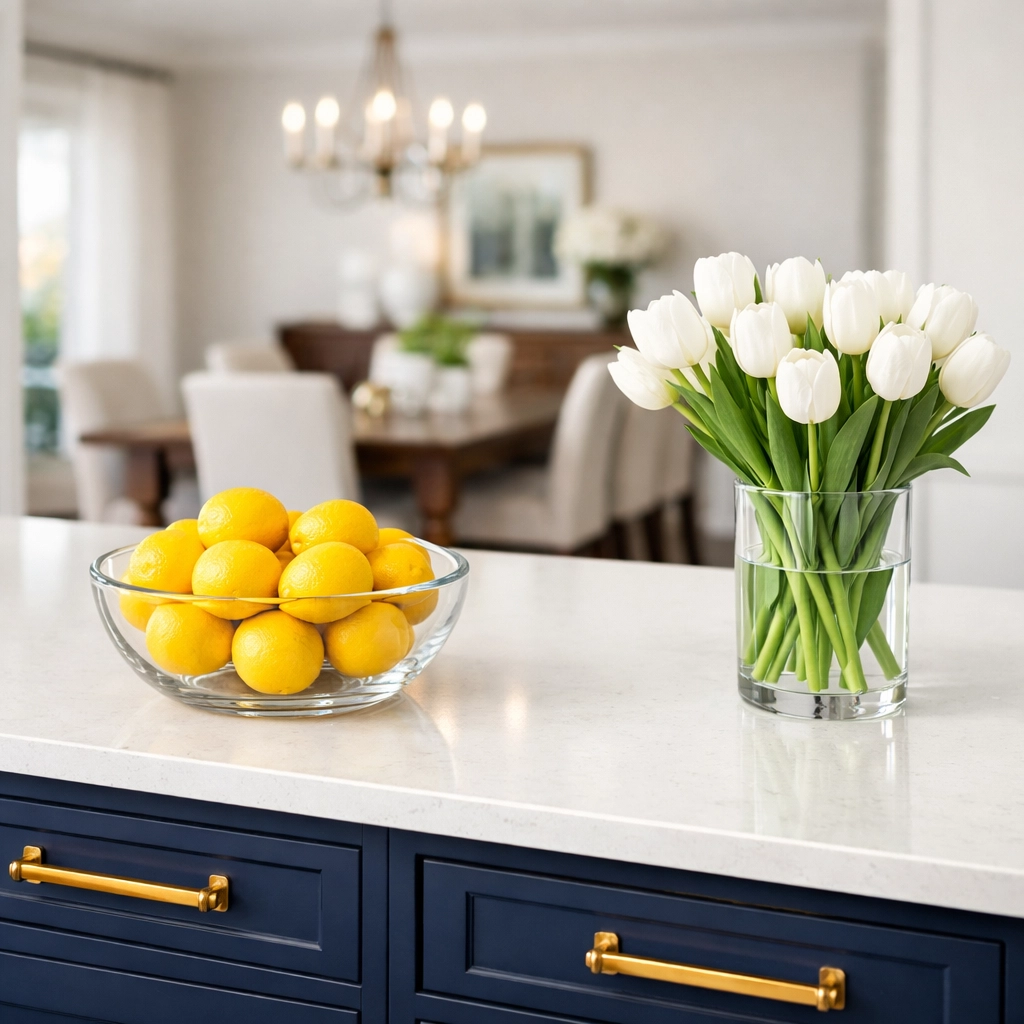 Sparkling clean quartz kitchen island in a Holliston home maintained by recurring house cleaning services.