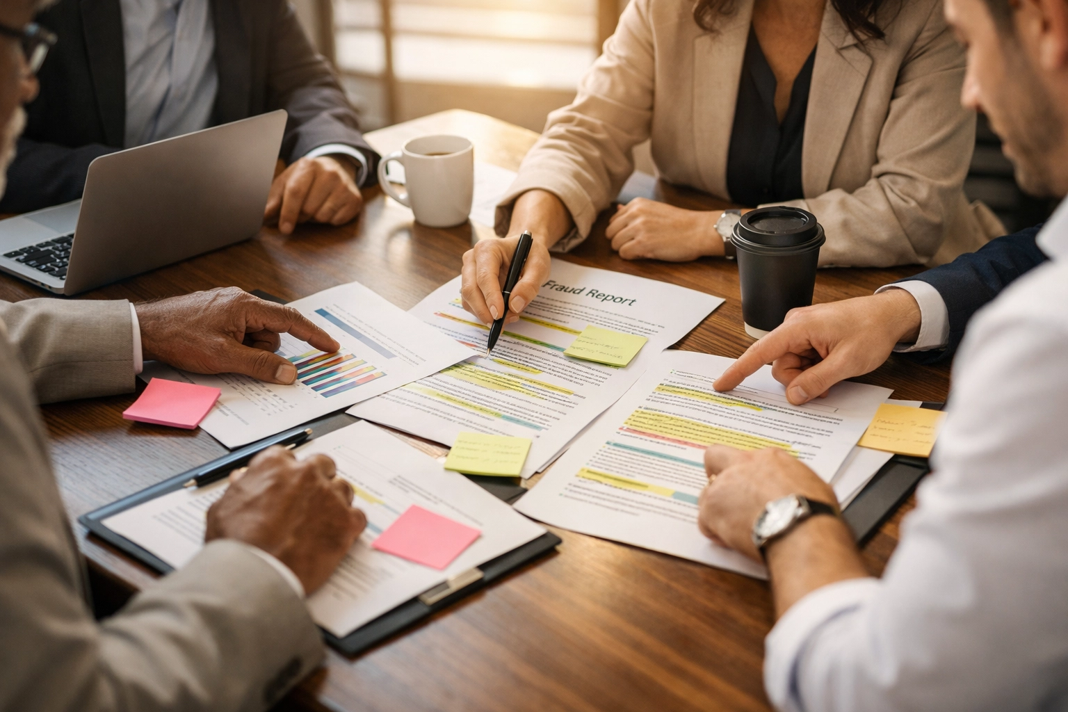 Business team conducting fraud investigation review with documents and reports
