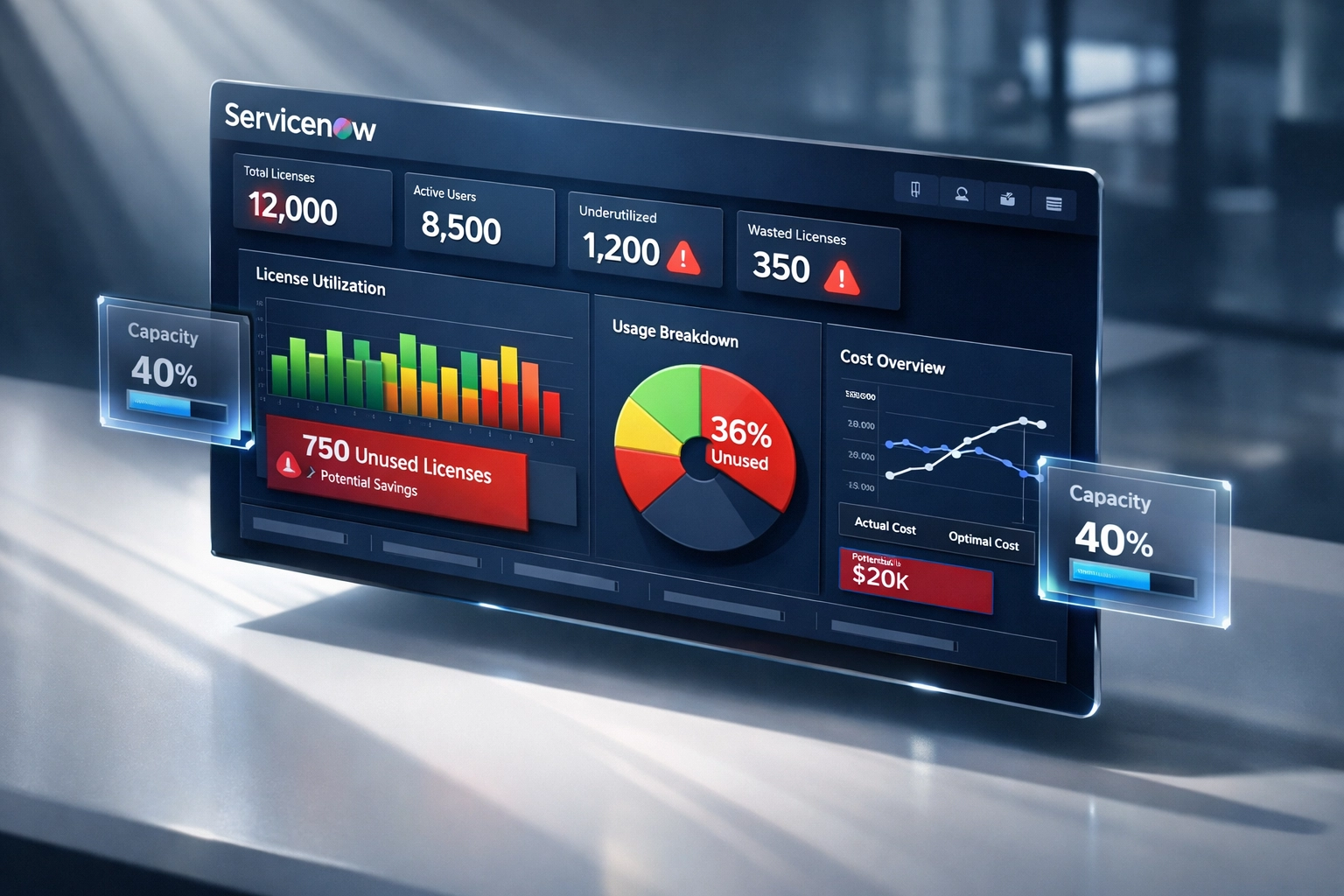 ServiceNow ITOM dashboard displaying license utilization metrics at 40% capacity with cost waste indicators