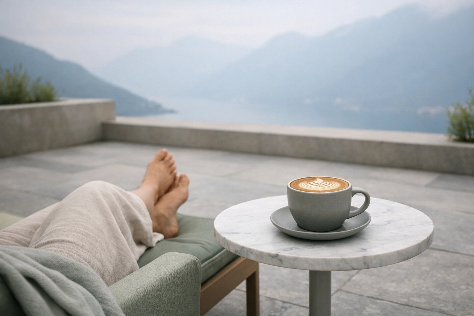 A relaxed hotel guest enjoys a latte on a terrace, showcasing seamless hospitality service.
