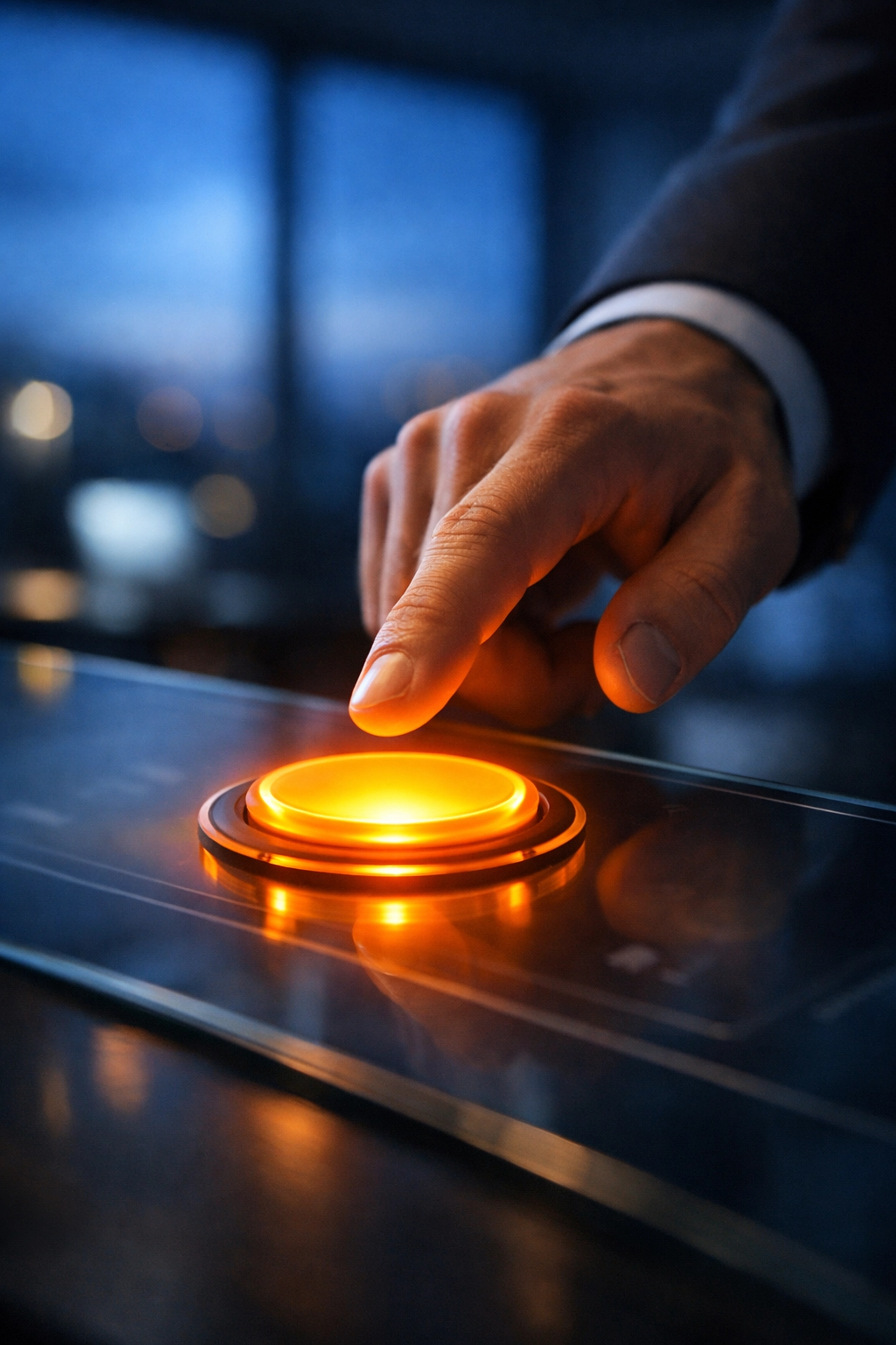 A professional hand pressing a glowing amber button to highlight effective web design for small business lead generation.
