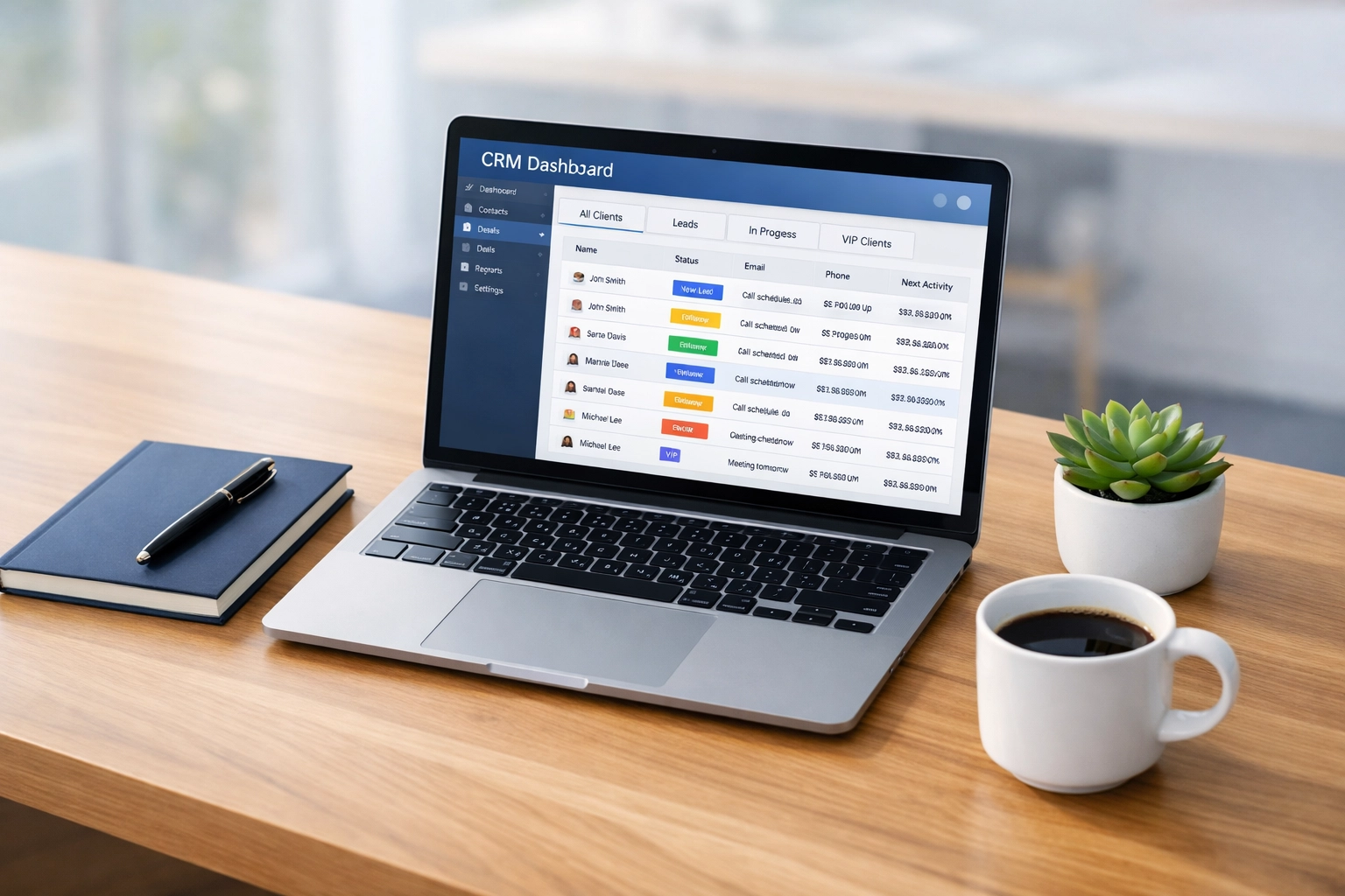 Organized RIA workspace with clean CRM dashboard showing streamlined financial advisor workflows