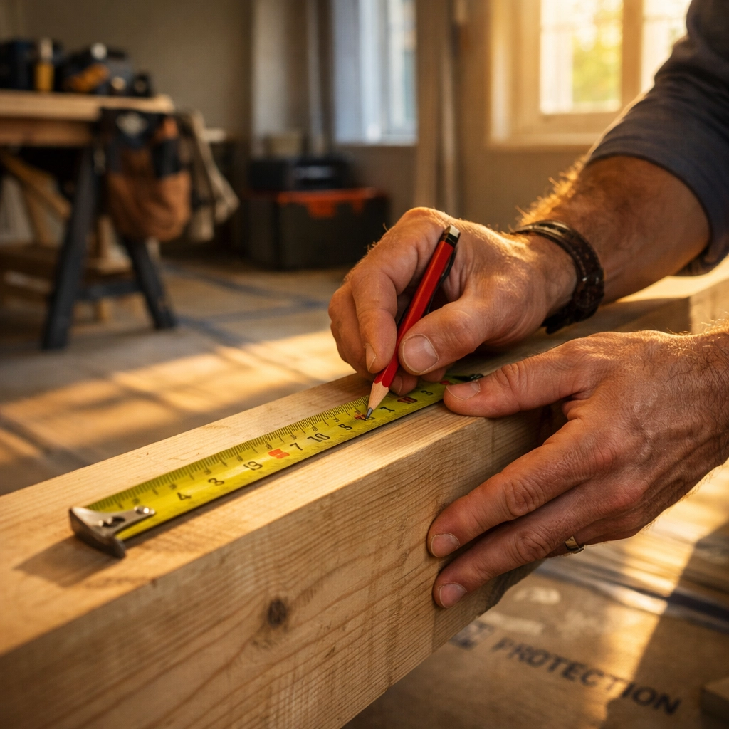 Carpenter measuring wood on a tidy building site during a Bognor Regis home extension.