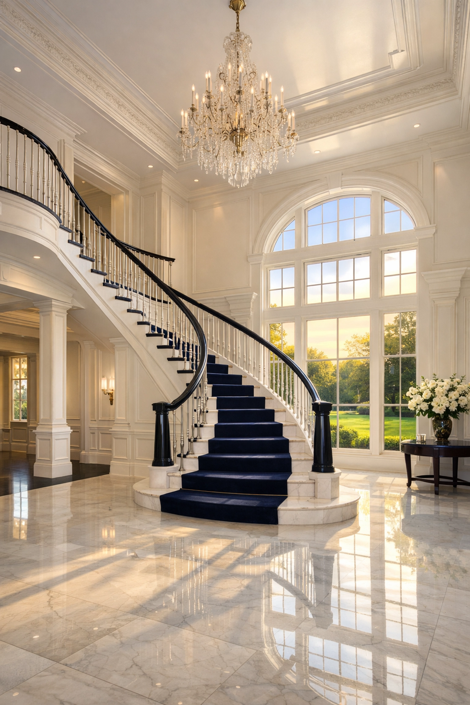 Immaculate foyer of a Dover estate showcasing high-end residential cleaning Massachusetts standards.