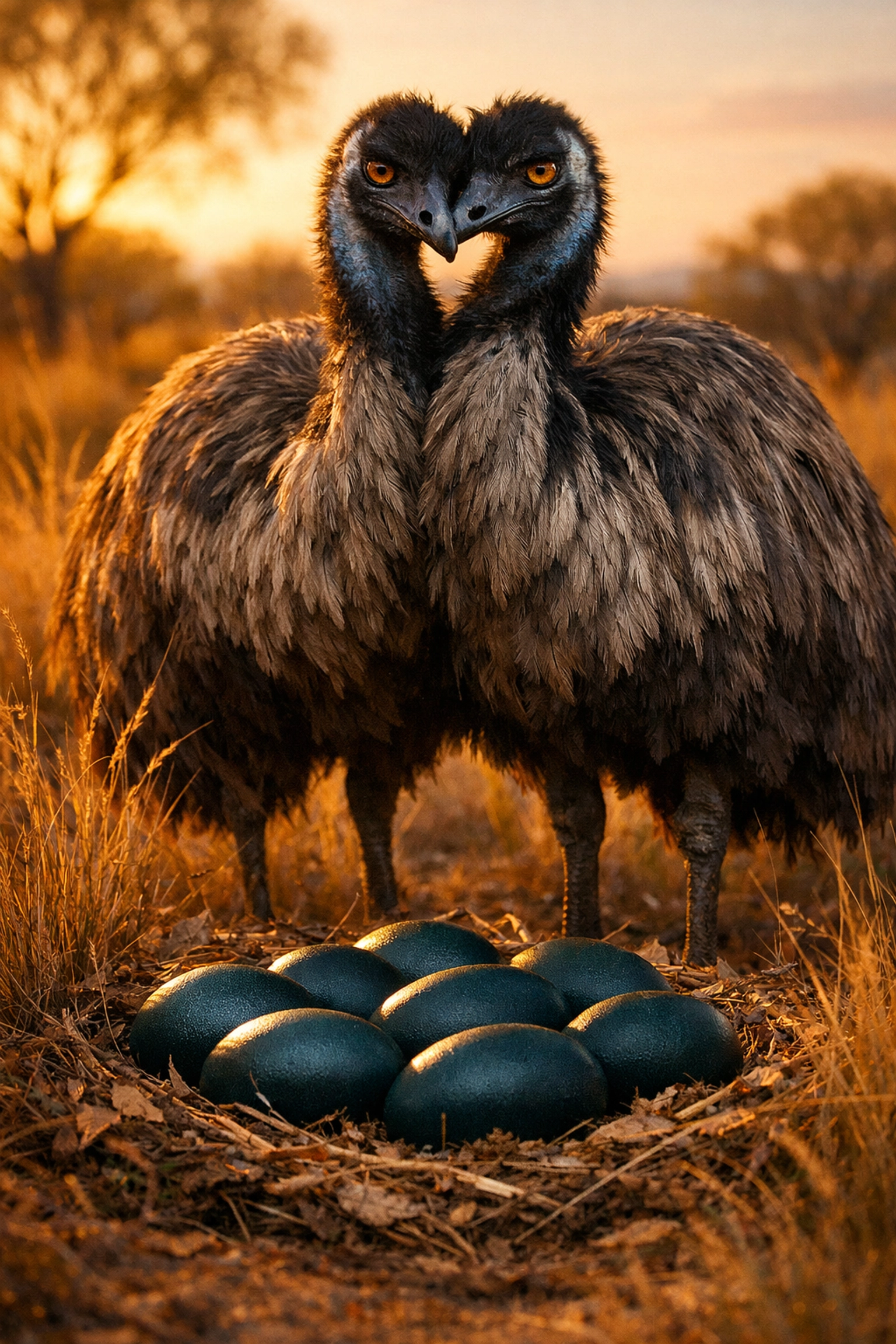 Two male emus co-parenting a nest, reflecting the single dad trope in gay contemporary romance.