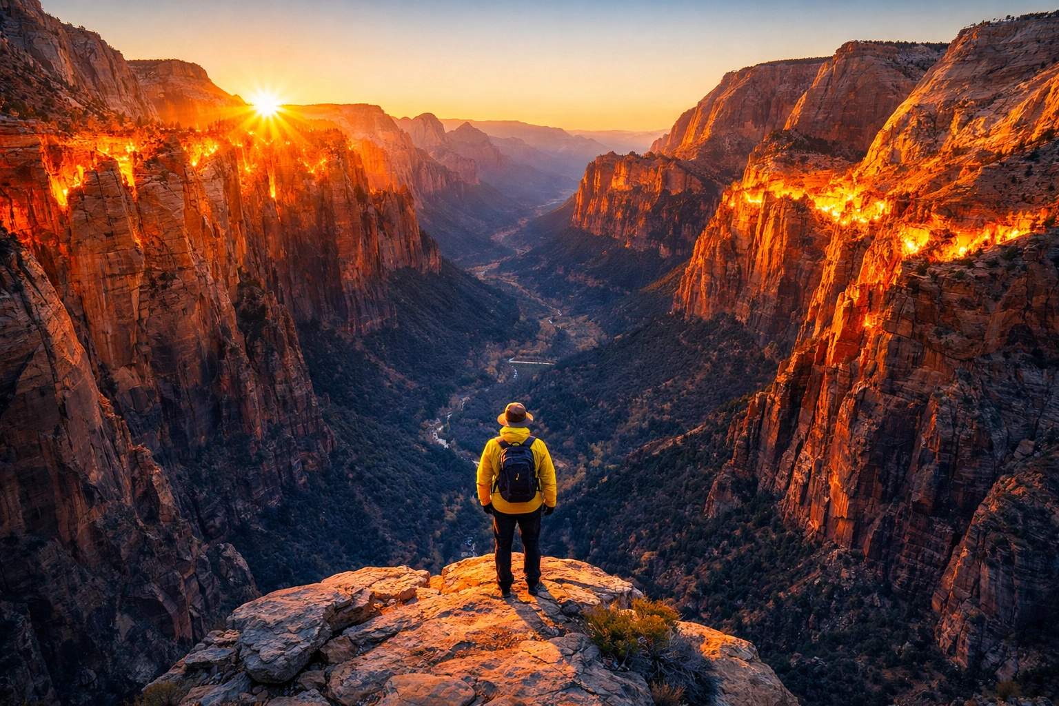 Traveler at Zion National Park canyon edge at golden hour, a top photography location for cinematic shots.
