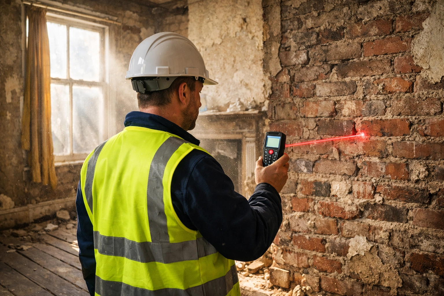 An RICS surveyor measuring a fixer-upper property in Oldham for a bridging loan valuation report.