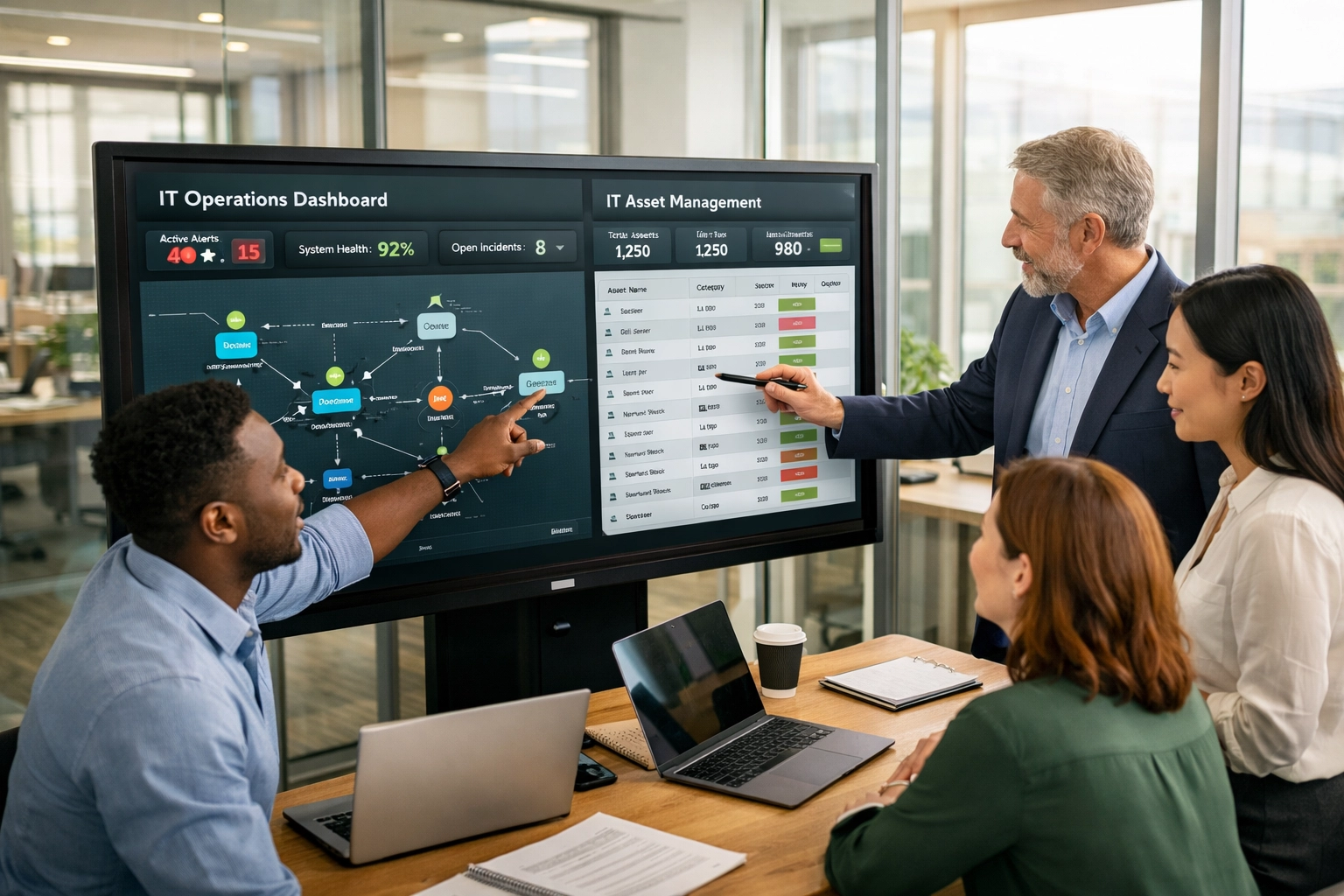 ServiceNow consulting team analyzing ITOM and ITAM dashboards during implementation planning