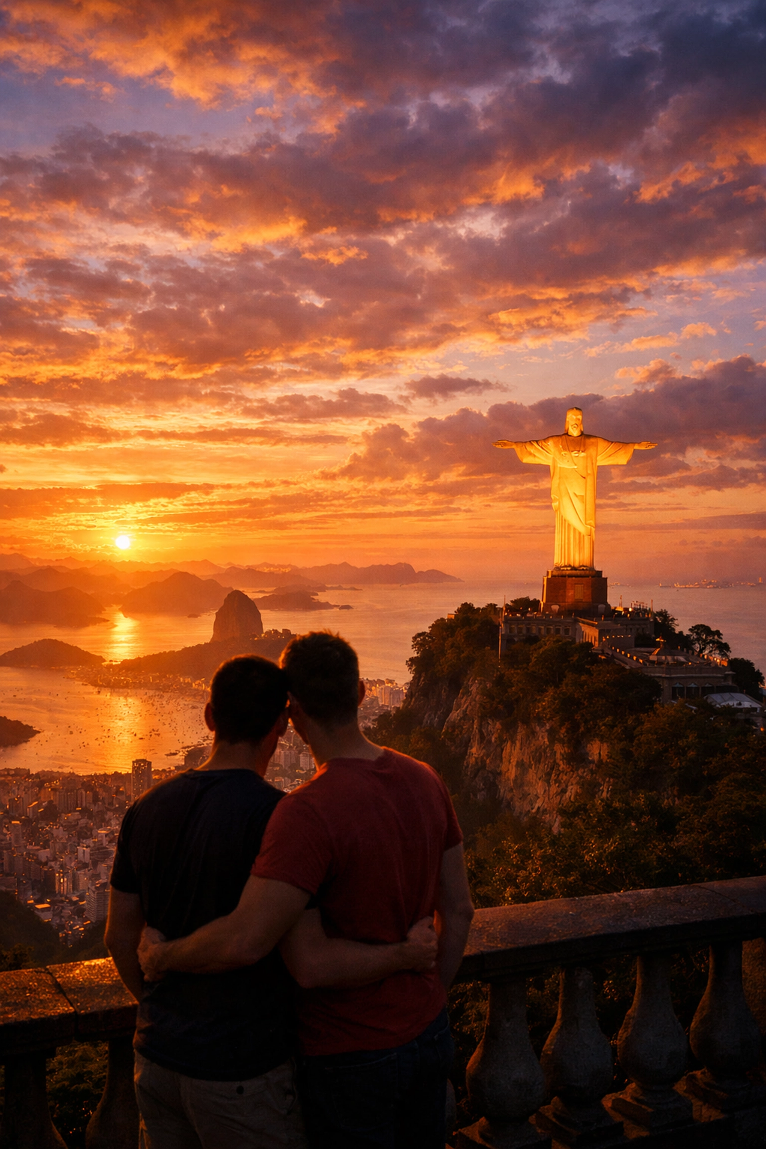 Two men enjoying sunset view of Christ the Redeemer from Mirante Dona Marta viewpoint Rio