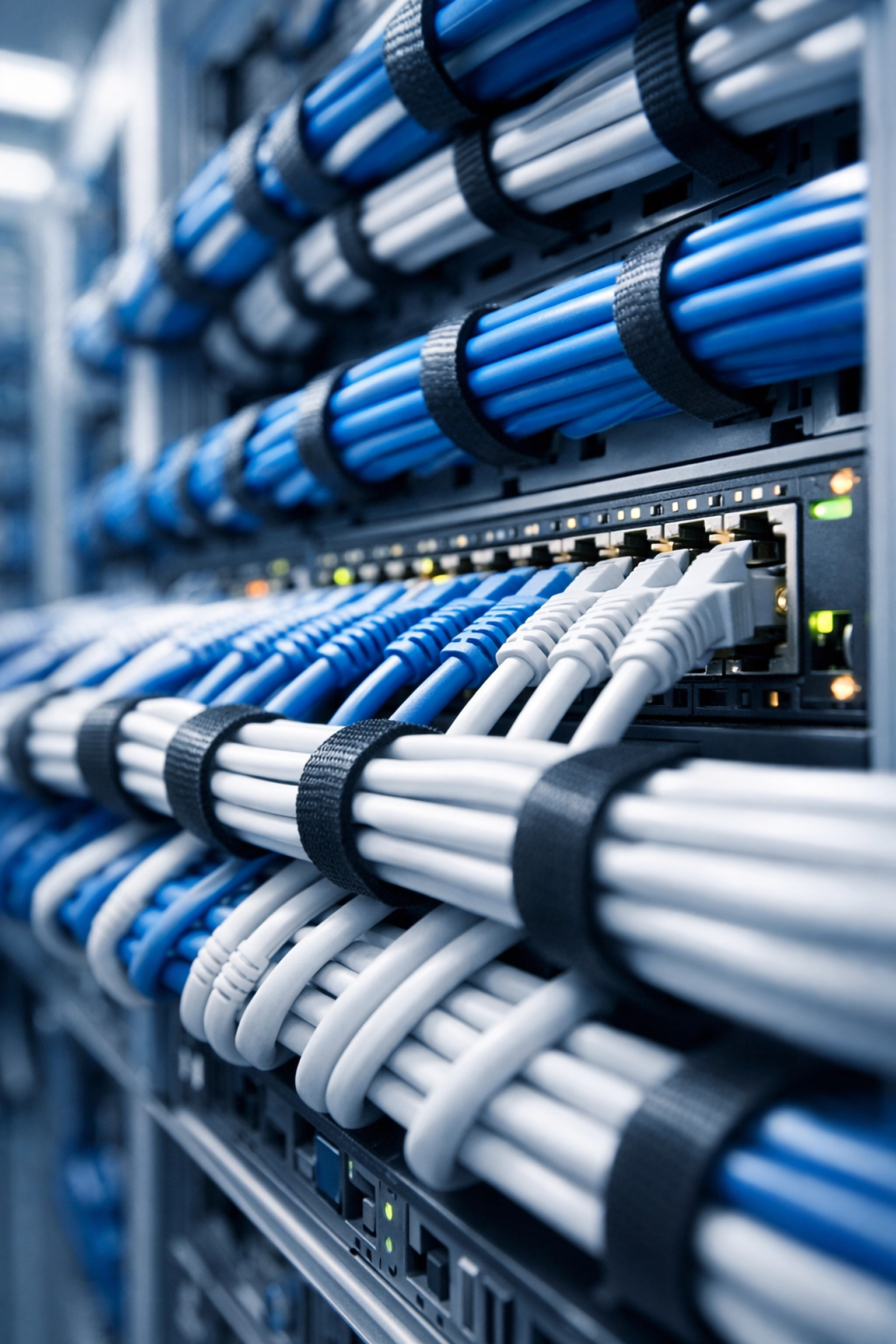Professional structured cabling with organized Ethernet cables in a server room for reliable business networking.