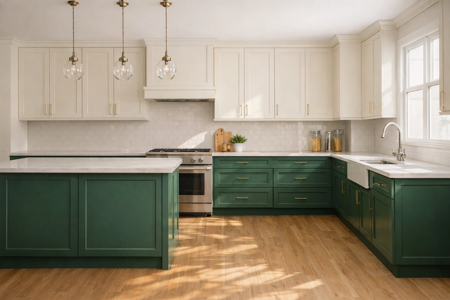 Two-tone kitchen cabinet spray painting with cream uppers and forest green lowers.
