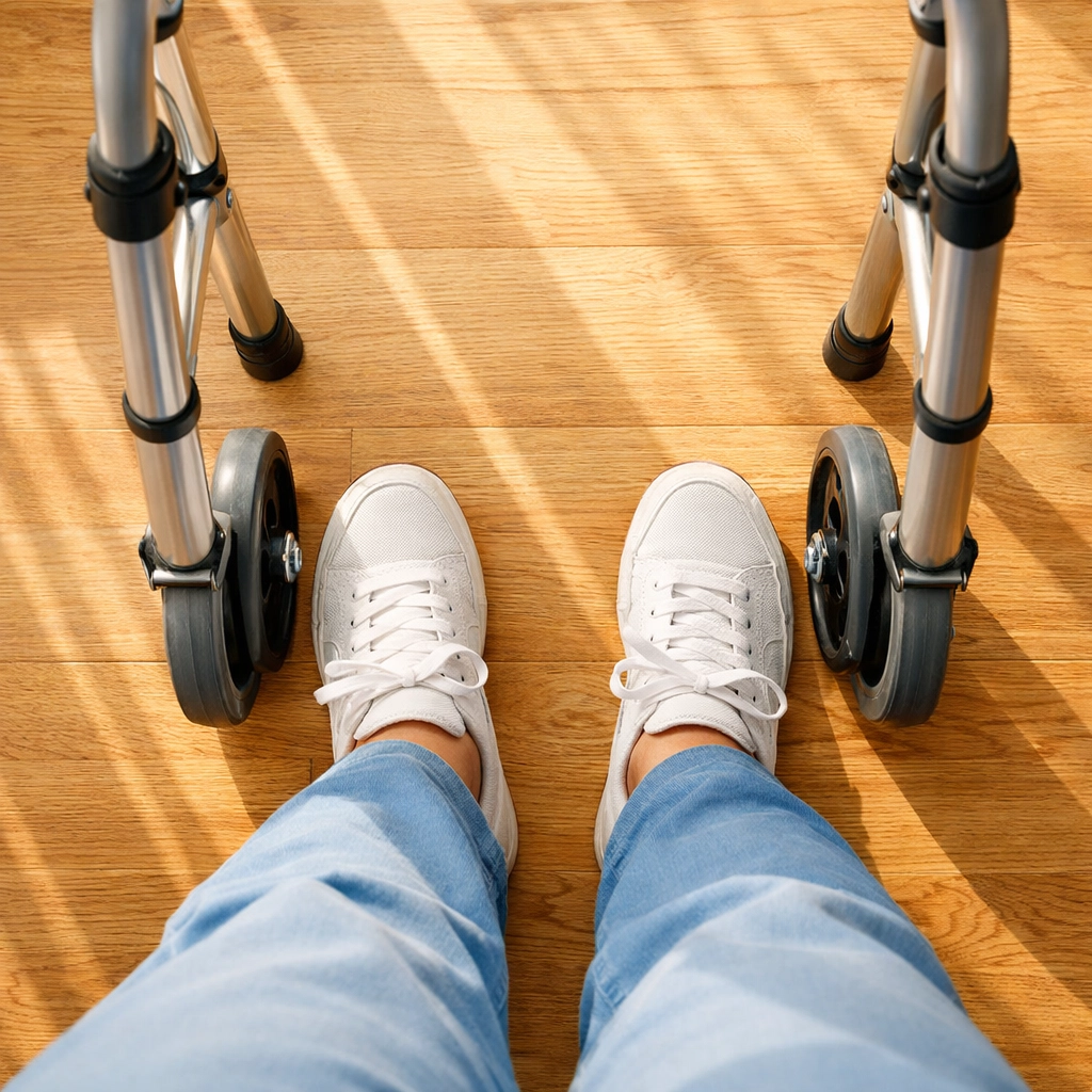 Safe foot placement inside the walker frame to maintain balance and stability while walking.