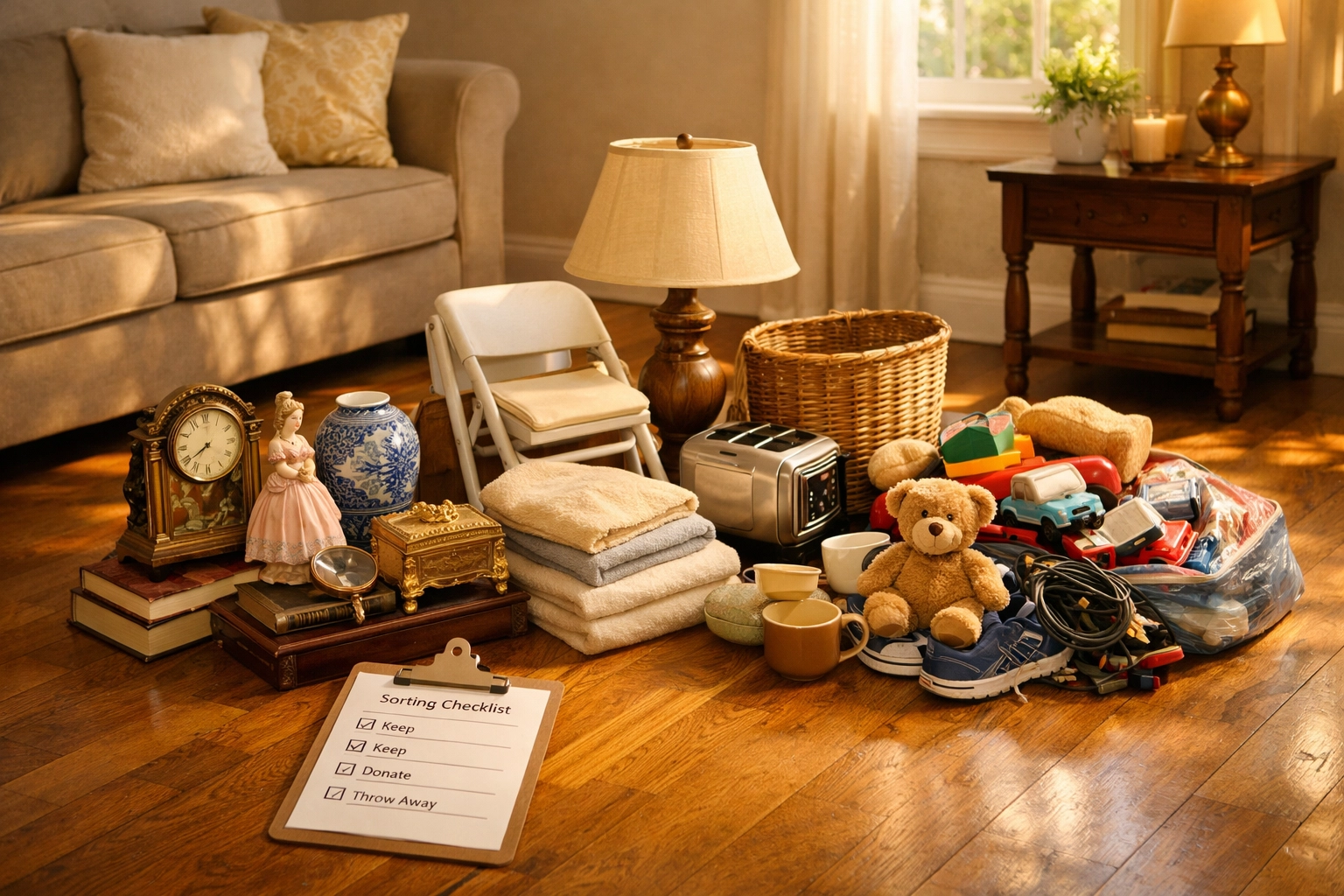 Organized sorting station during estate liquidation in Columbus Ohio with categorized piles