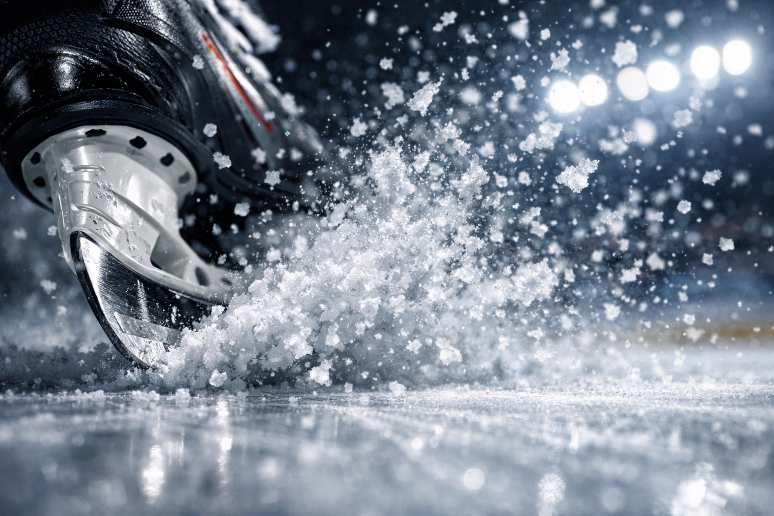 Sharp hockey skate blade carving ice, symbolizing precise NHL offensive efficiency and betting trends.