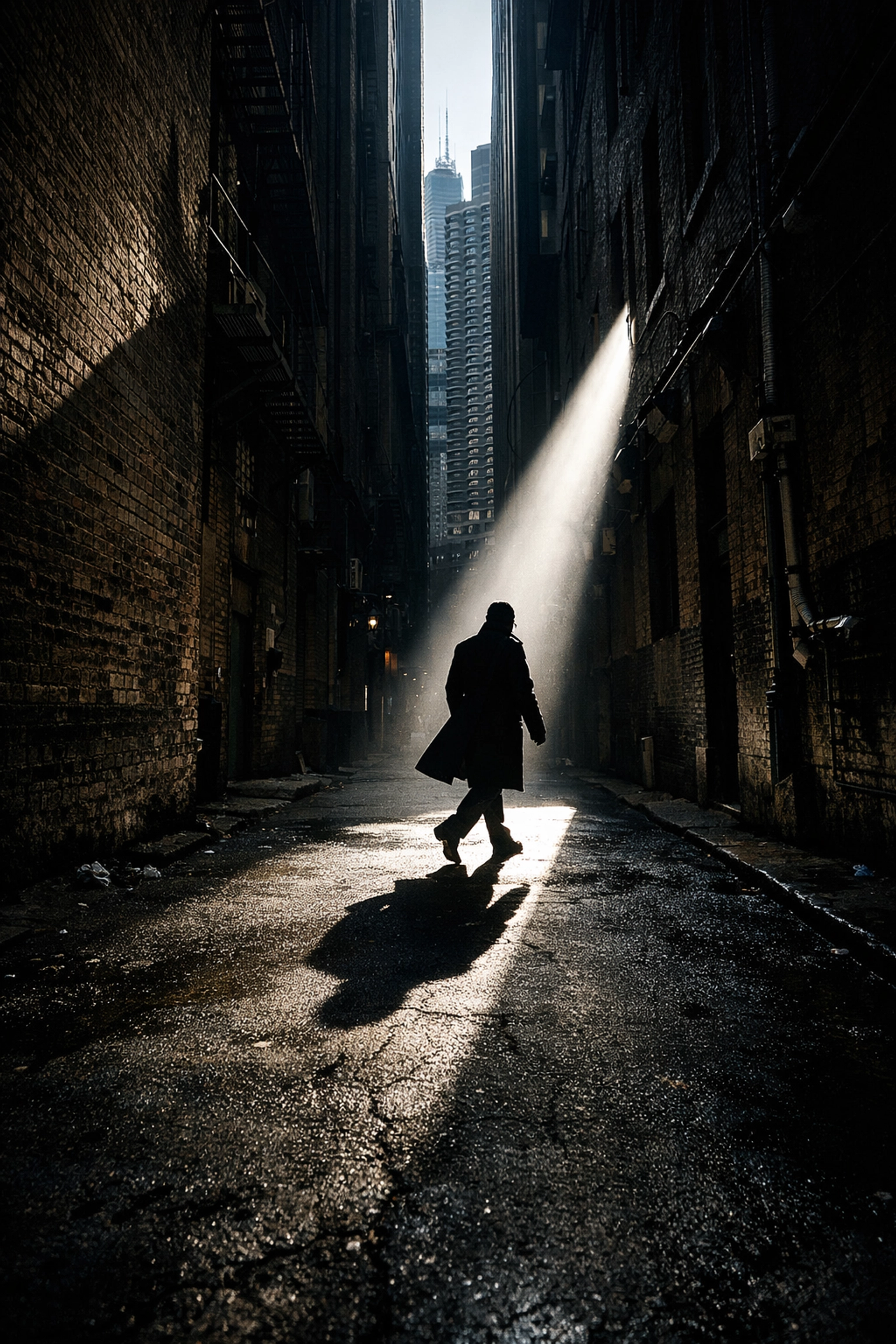 A silhouette of a person in a sunlit urban alleyway, demonstrating the stage method in street photography composition.