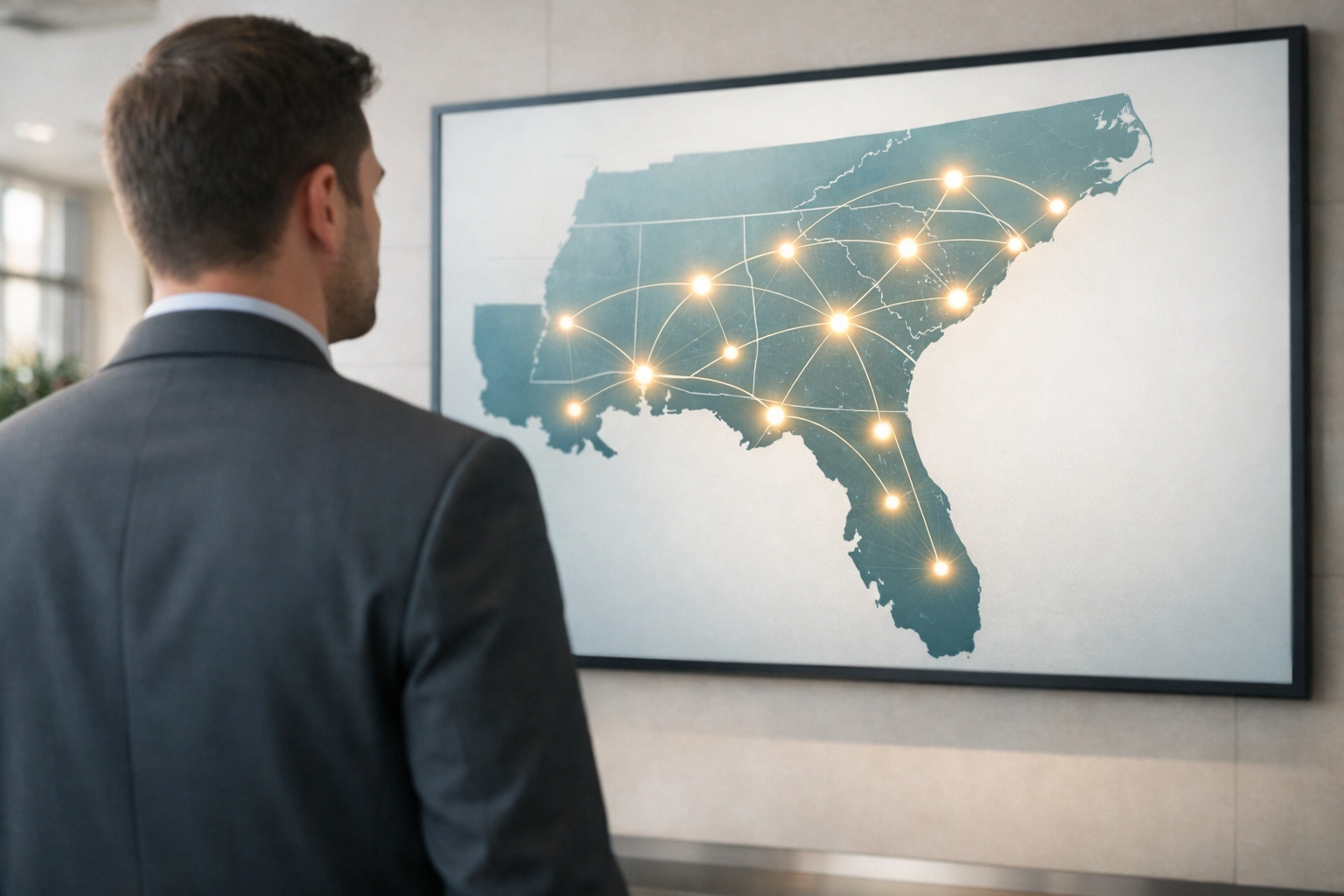 Professional analyzing a map of the Southeastern United States to find regional buyers for a business sale.