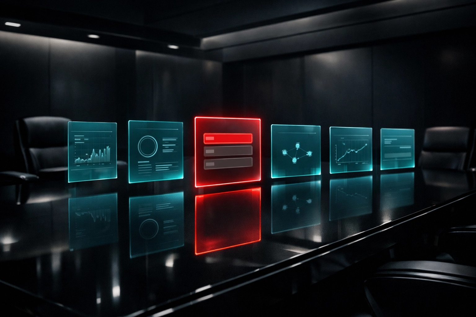 Modern boardroom visualization of a CISO selecting a cybersecurity partner from an invisible shortlist.