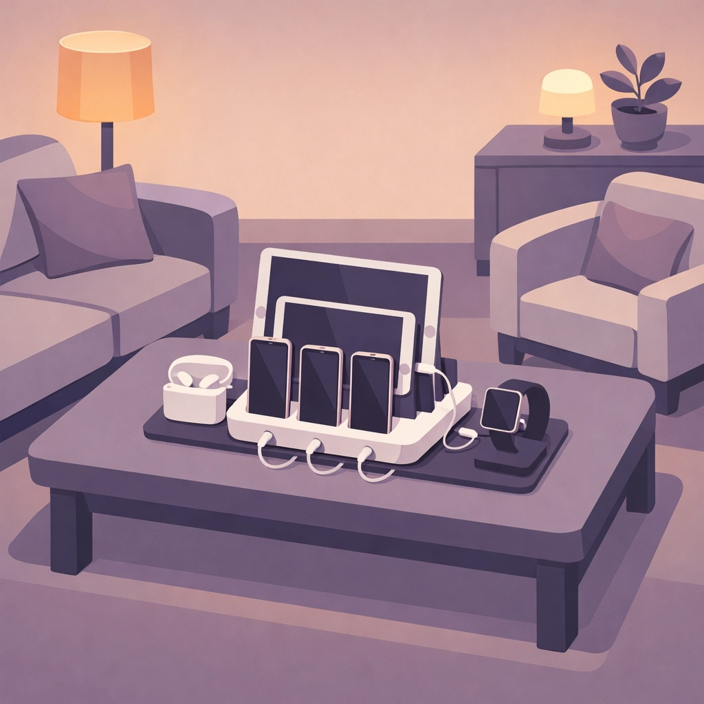 Family tech charging station with organized devices for healthy digital boundaries