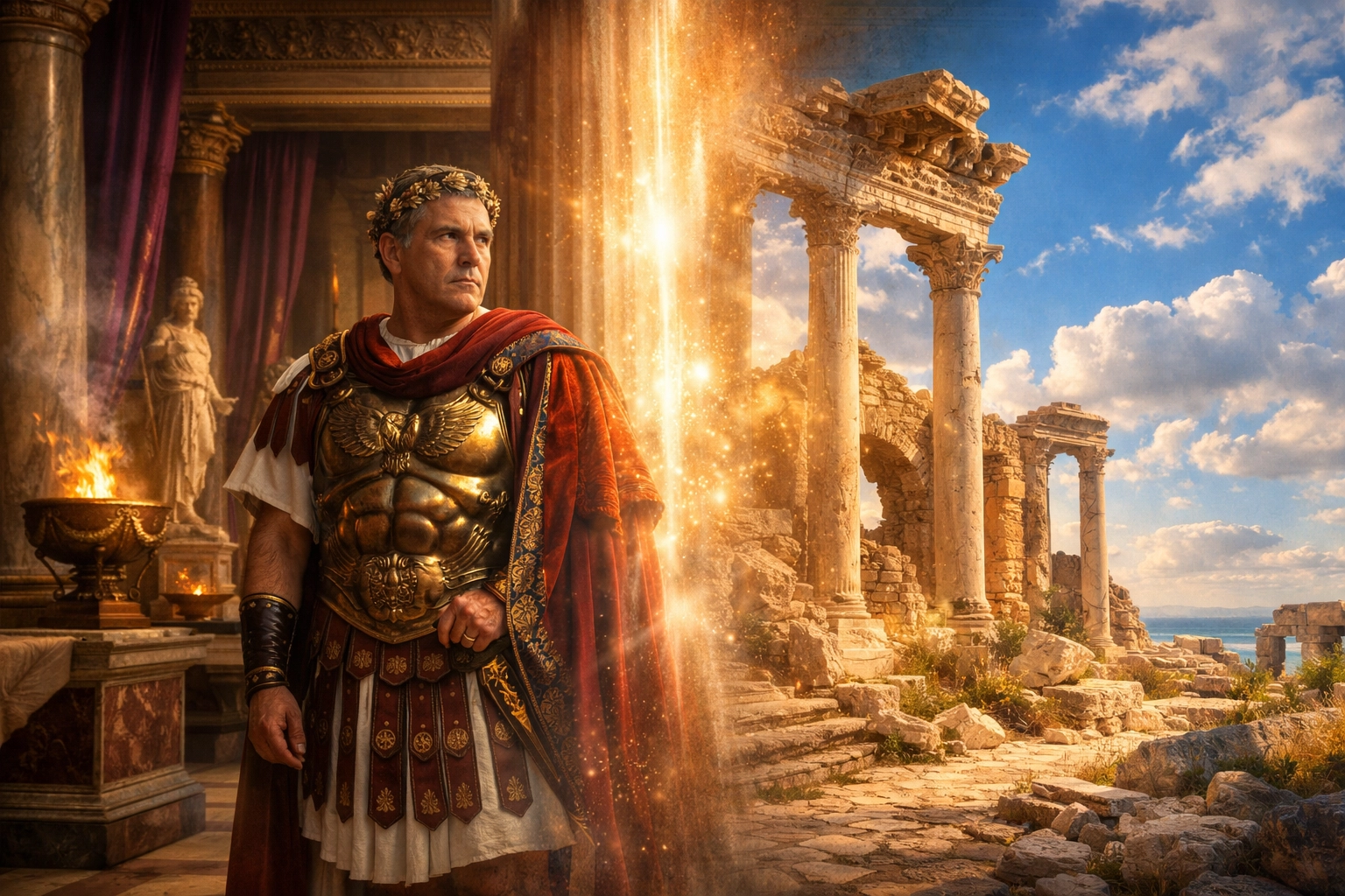 Roman judgment hall at Caesarea Maritima then and now showing historical continuity