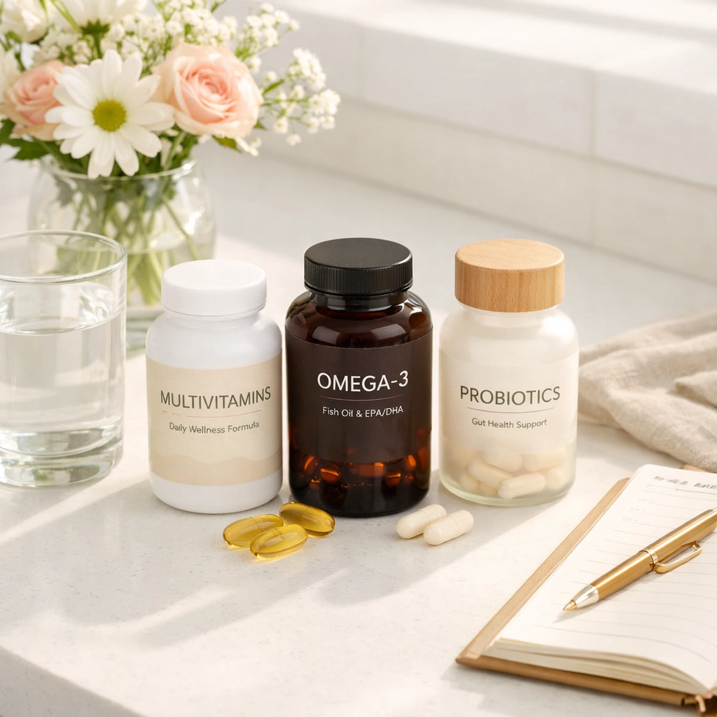 Three hormone-balancing supplement bottles arranged for healthy morning wellness routine