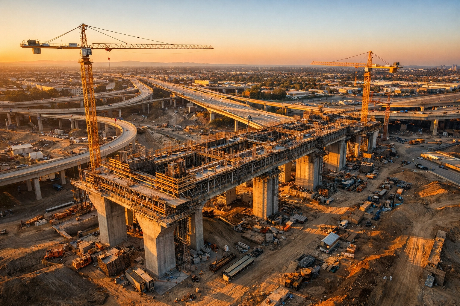 Large-scale civil infrastructure construction site featuring bridge and highway structural installations.