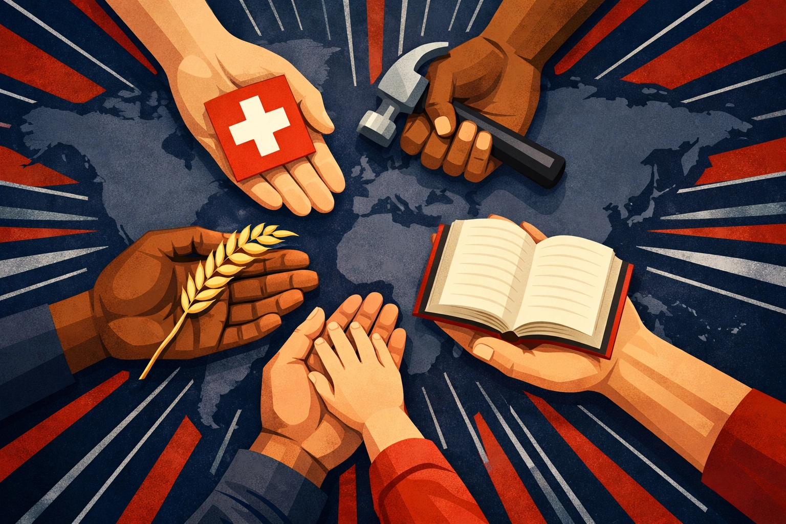 Diverse hands joined in unity holding symbols of healing, service, and faith over world map