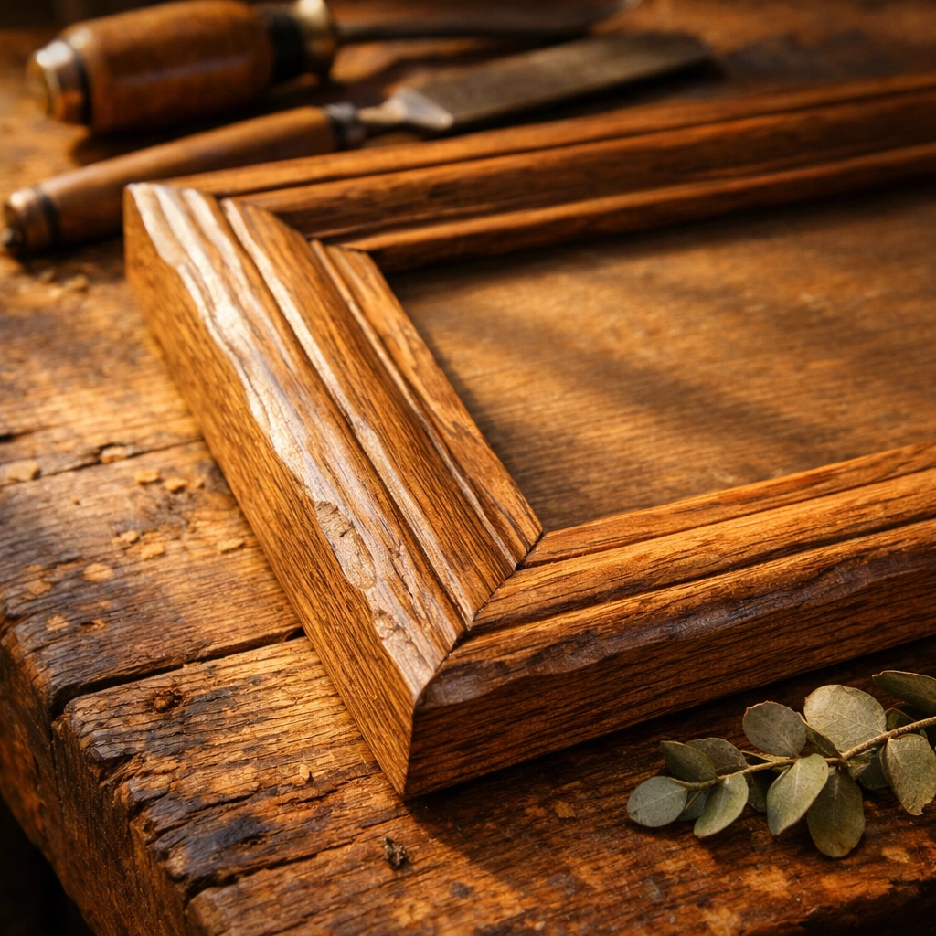 Detailed close-up of a handcrafted wooden picture frame on an artisan's workbench in golden sunlight.