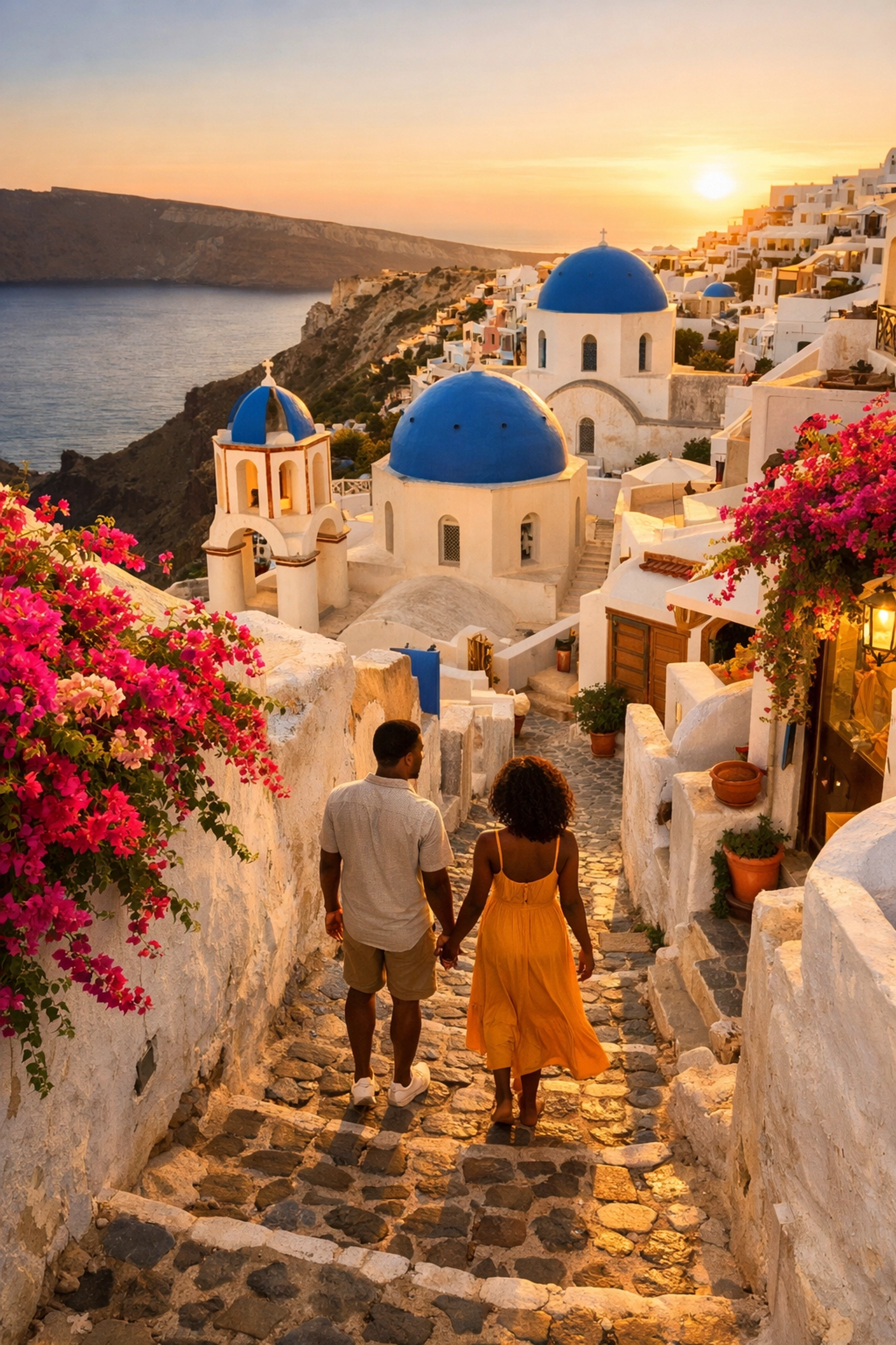 Couple walking through Santorini Greece streets on Mediterranean vacation
