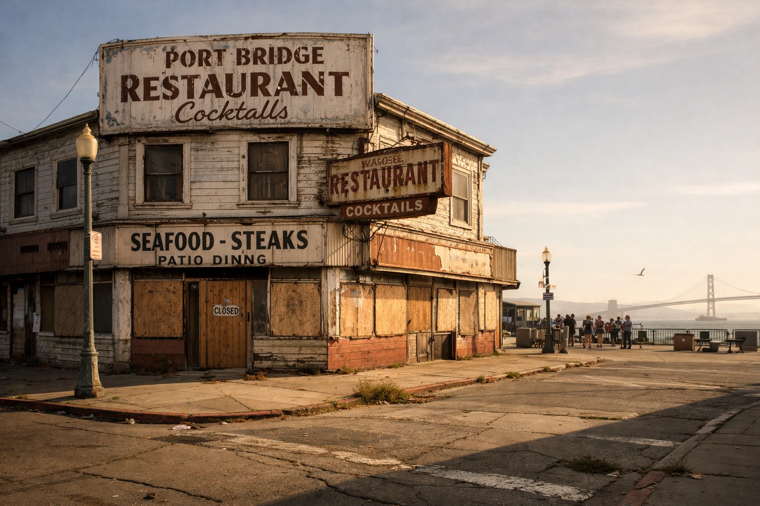 Vacant historic restaurant building at Fisherman's Wharf San Francisco showing neighborhood decline