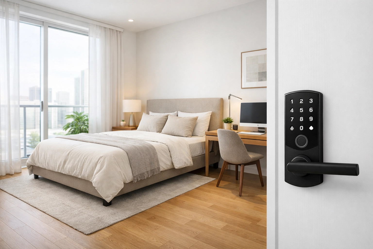 A modern, sunlit professional bedroom with a workspace and digital lock in a SouthPark co-living home.