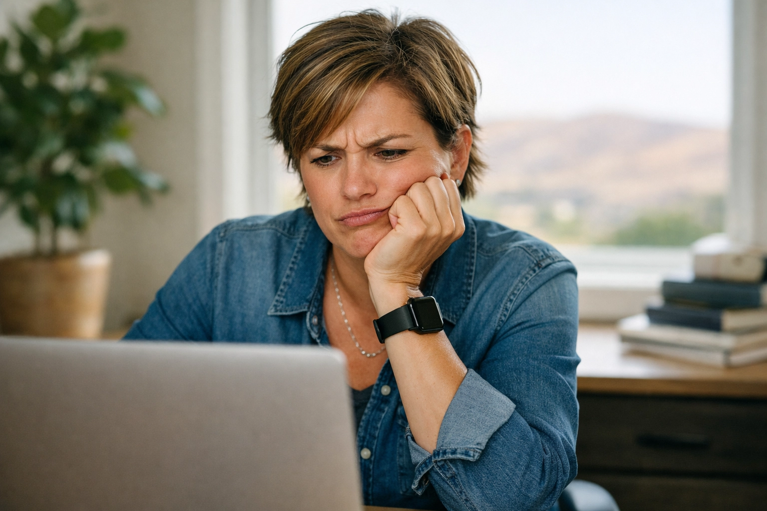 Frustrated Tri-Cities business owner analyzing their website performance on a laptop.