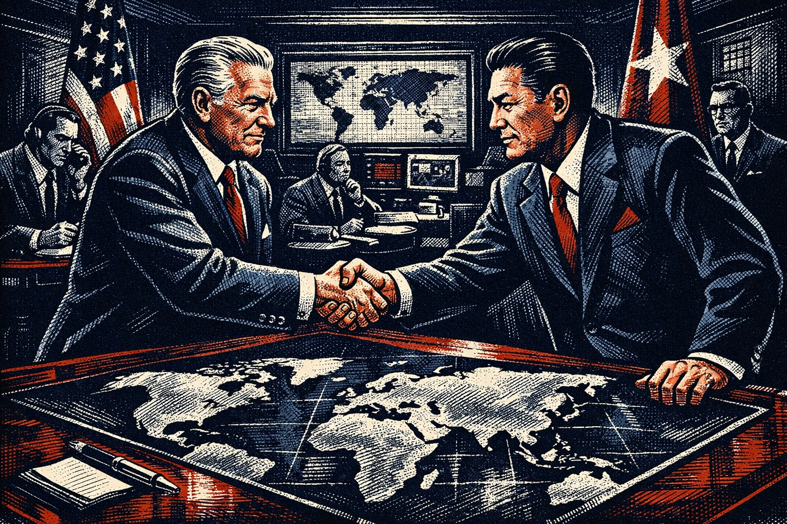 Vintage newsroom illustration of world leaders shaking hands, symbolizing strategic diplomacy and peace.