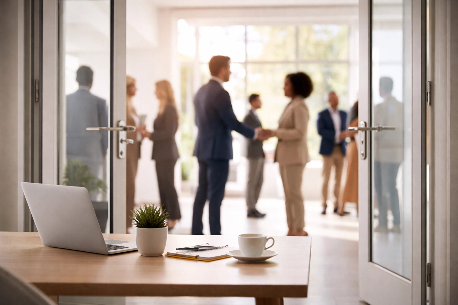 Open conference room with professionals networking, illustrating lead generation in a marketing funnel