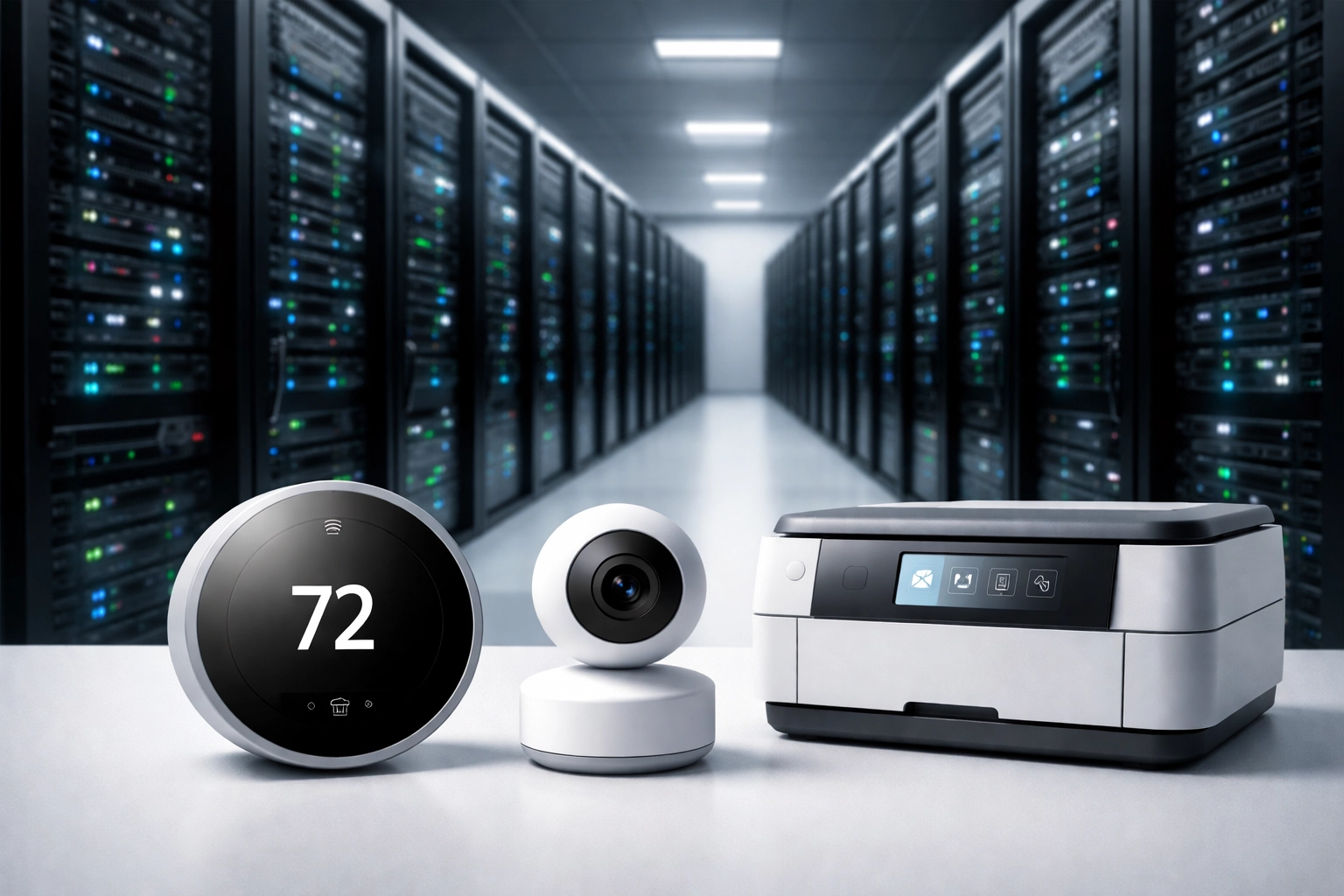 Modern server room with IoT devices showing network security risks in business environments