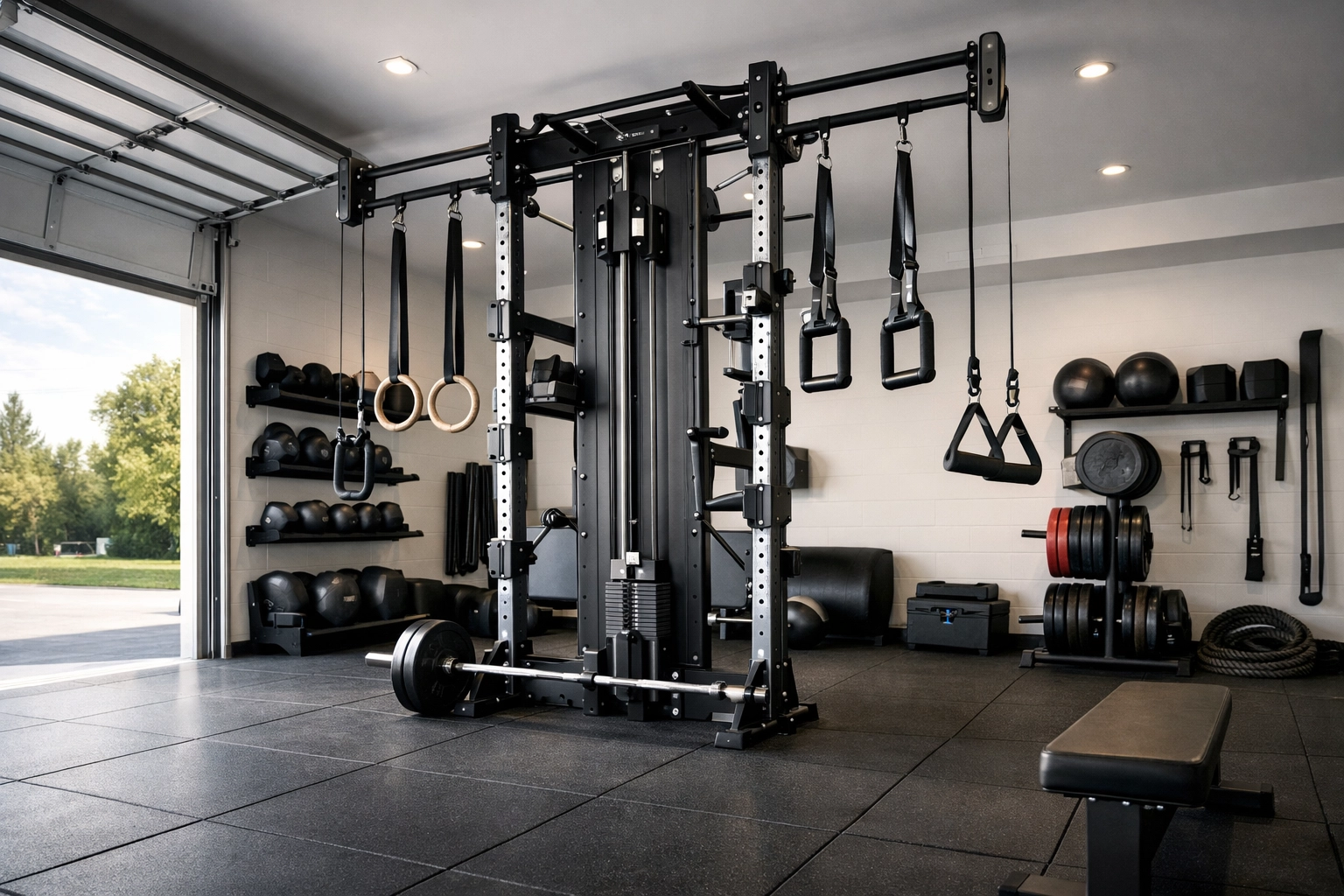 A versatile floor to ceiling gym setup in a modern garage with a vertical rail and fitness attachments.