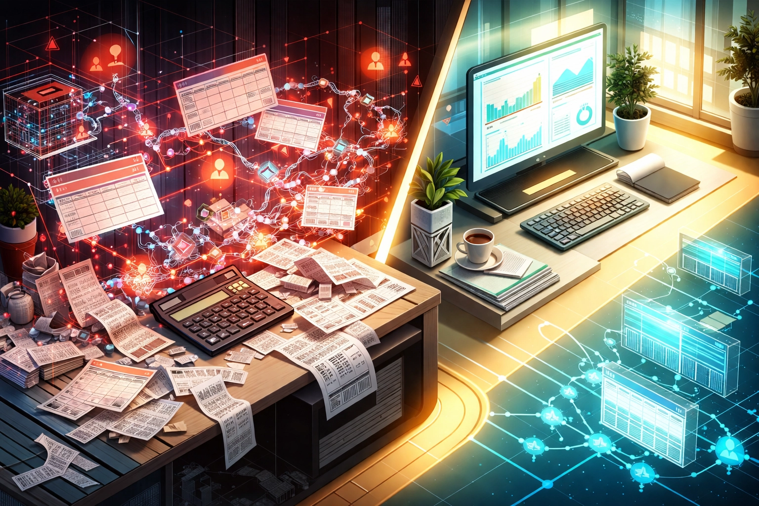 Busy accountant’s desk with digital receipts and blockchain data, illustrating risks of manual NFT accounting errors and need for automated crypto record keeping.