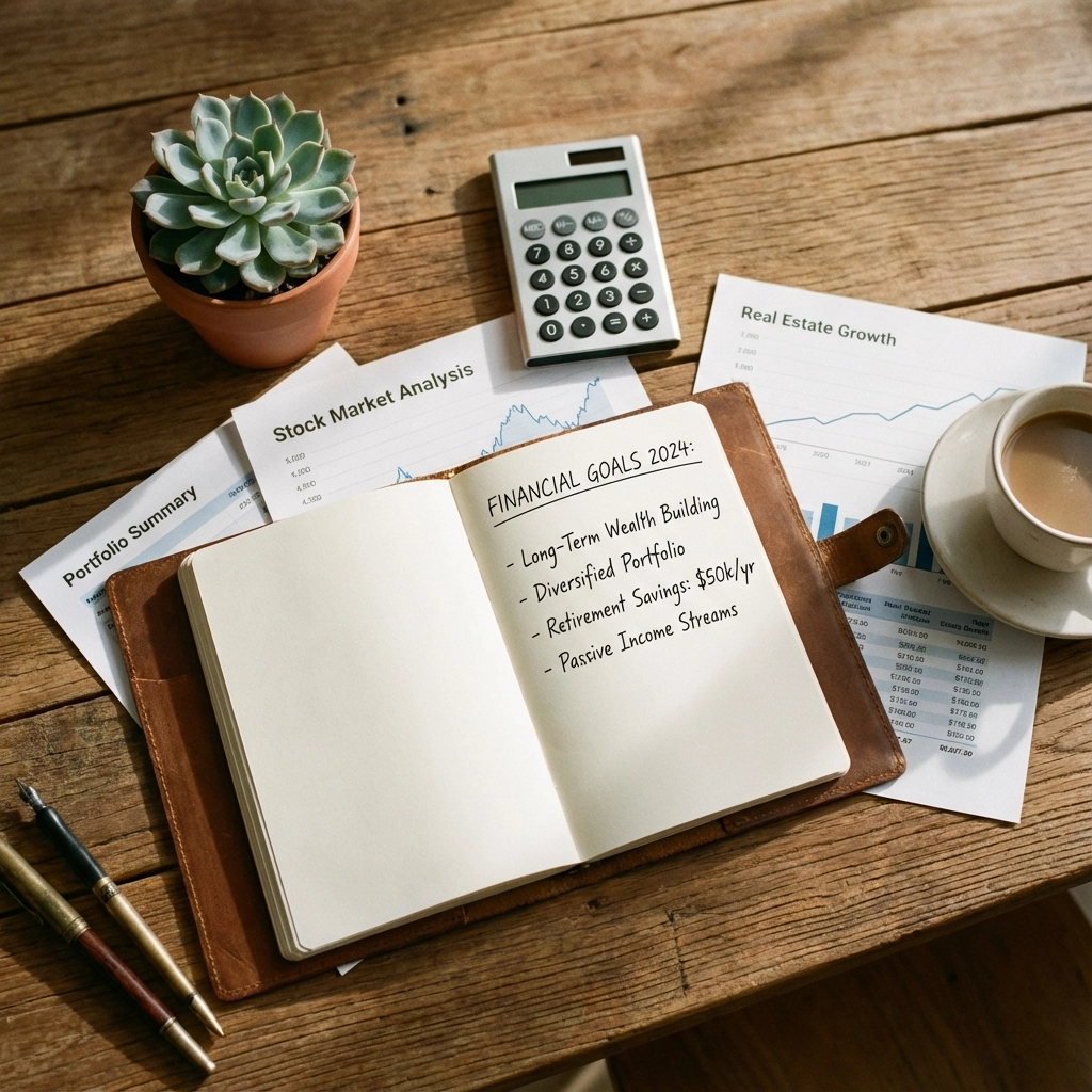 Open notebook with "Financial Goals 2024" beside charts, calculator, pens, coffee, and a succulent on a wooden table, conveys planning mood.