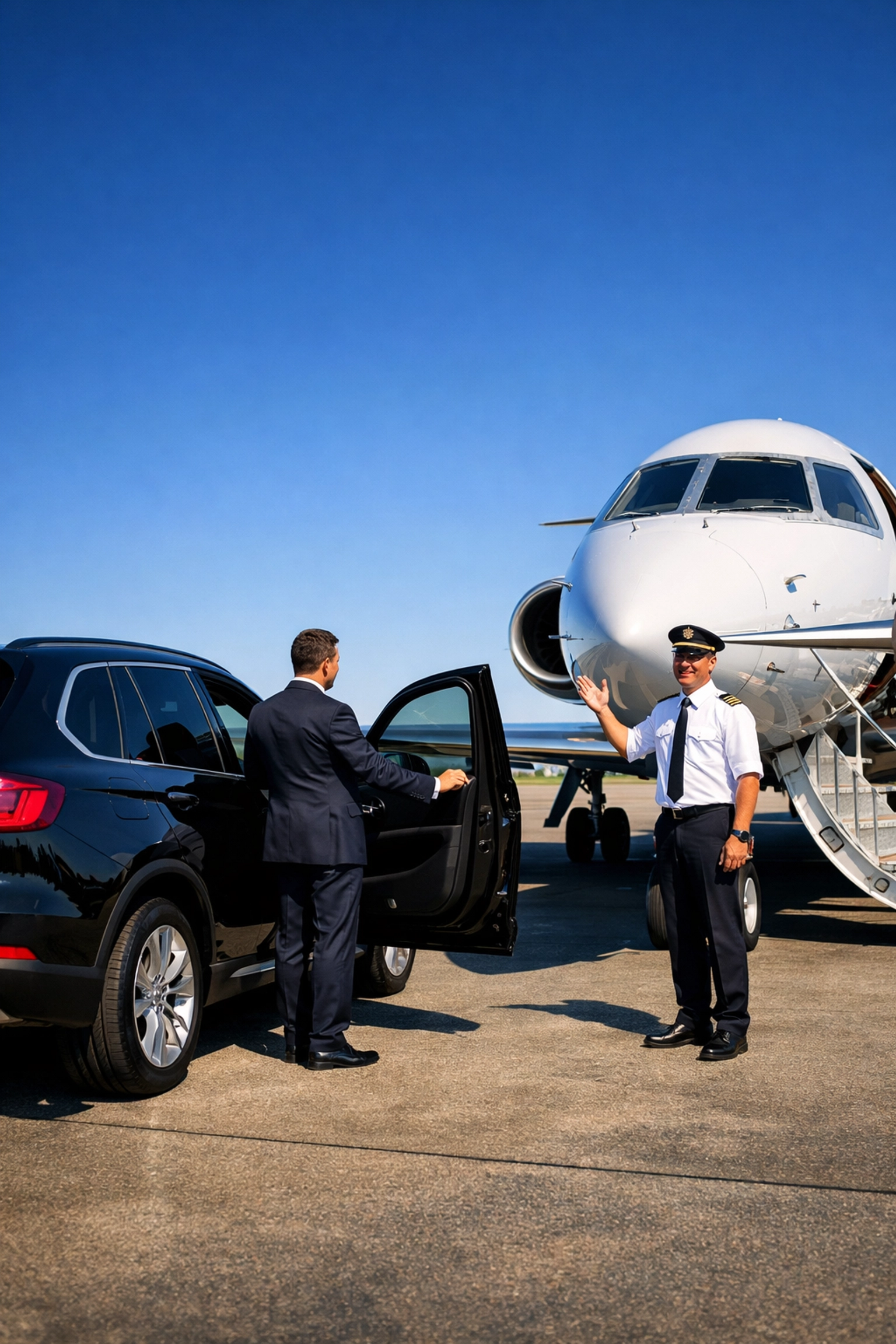 A luxury car service arrival at a private jet for a seamless transition from car to cabin.