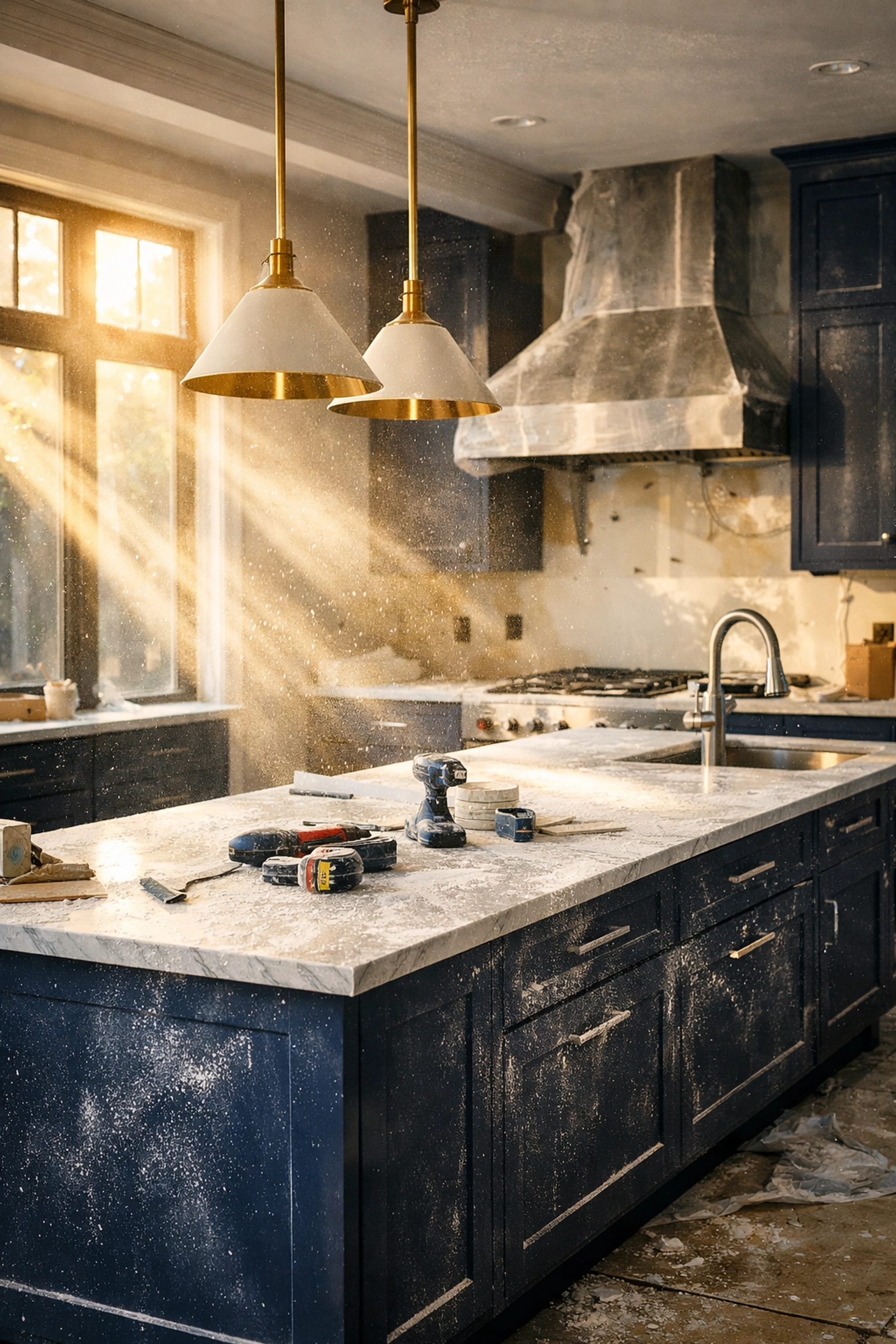 Construction dust on luxury Massachusetts kitchen cabinets requiring professional cleanup services.