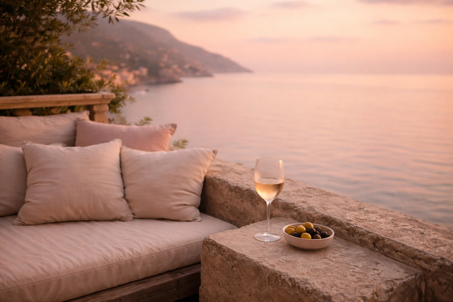 Elegant private terrace with wine and sea view on the Amalfi Coast, reflecting la dolce pausa in luxury Italy trips