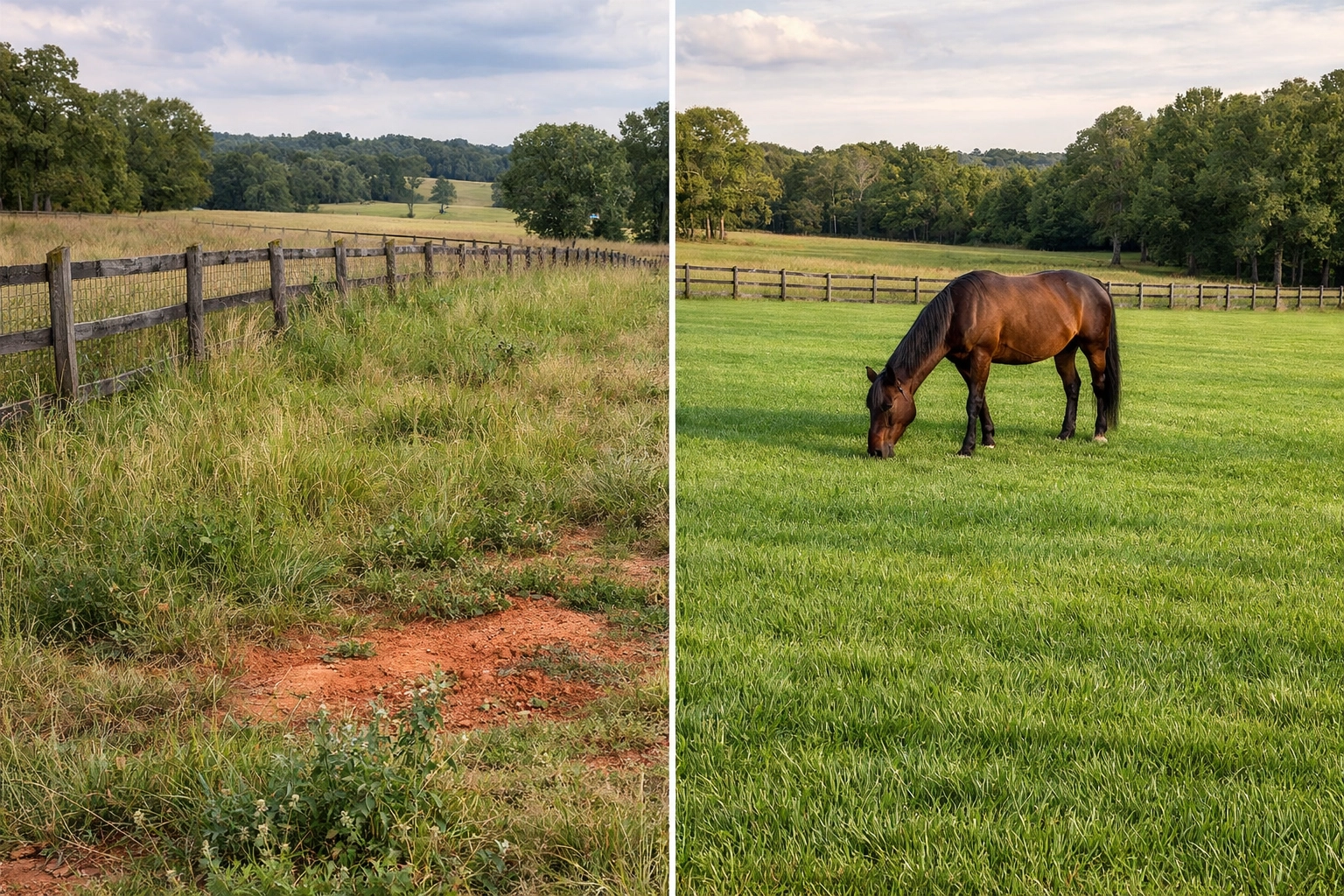 Before and after horse pasture maintenance showing proper mowing results
