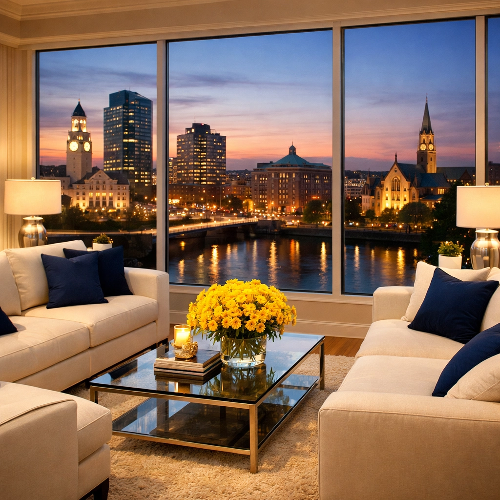 Clean and serene Worcester apartment living room with city views following a deep cleaning Worcester session.