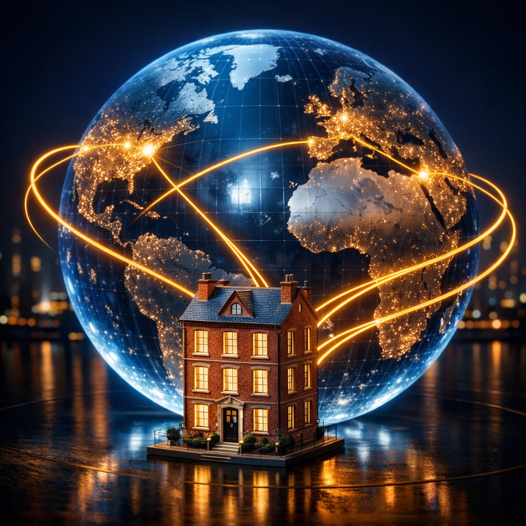 A digital globe connecting international investors to a UK red-brick house for a foreign national mortgage.