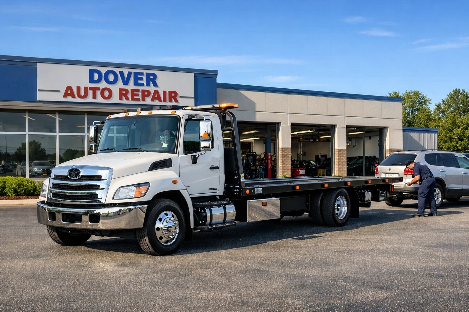A flatbed tow truck outside a Dover repair shop offering free towing for drivers needing battery replacement.