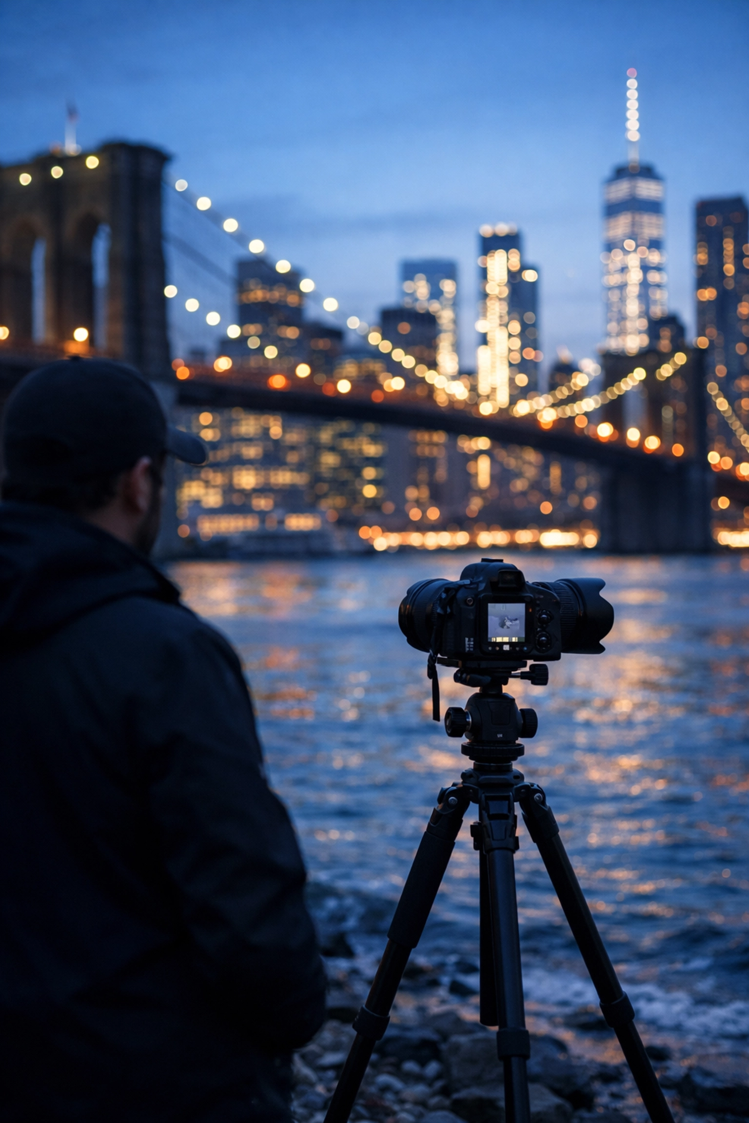 Professional camera on a tripod at Brooklyn Bridge Park, one of the best places to take pictures in NYC.