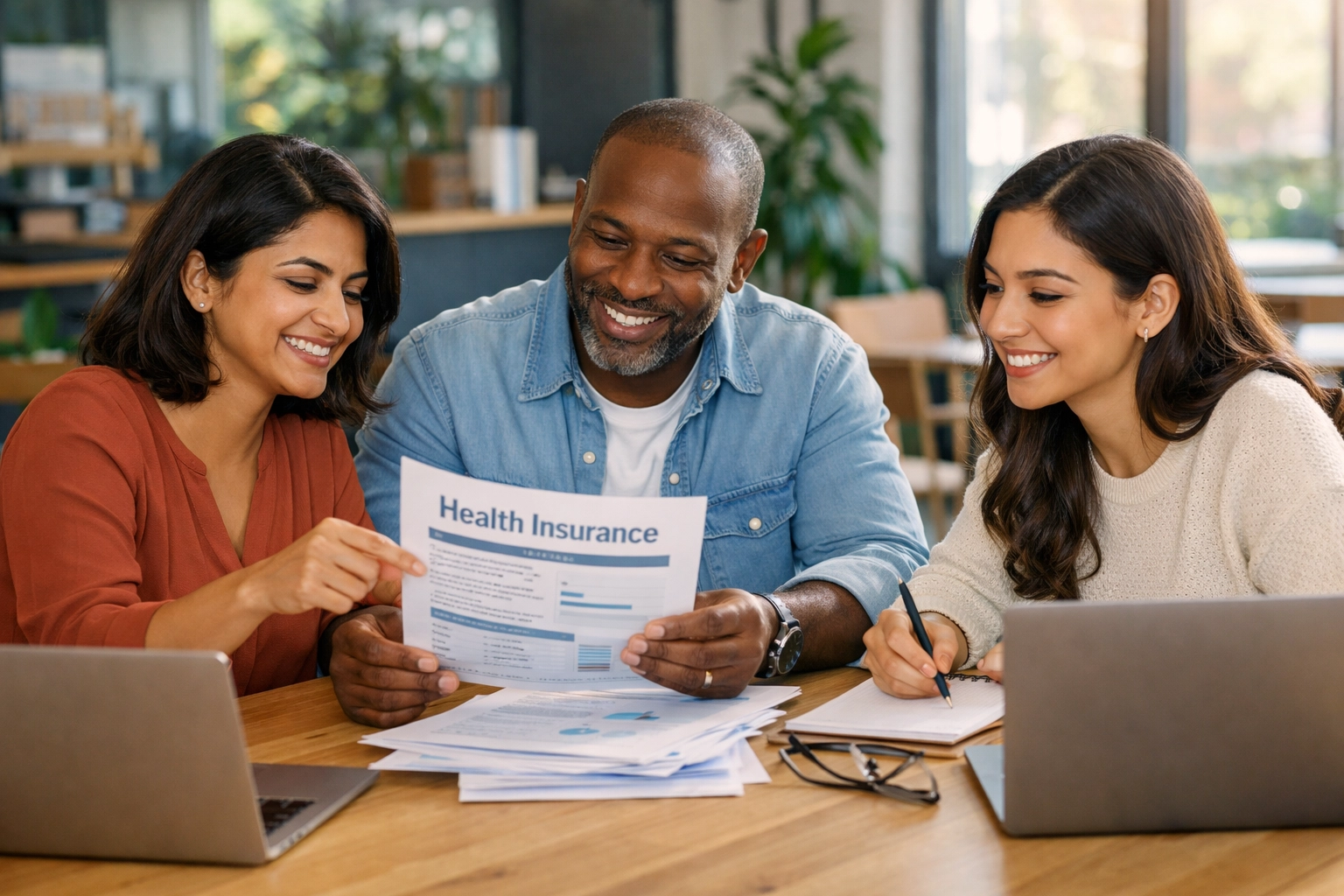 Self-employed freelancers reviewing health insurance deduction documents at co-working space