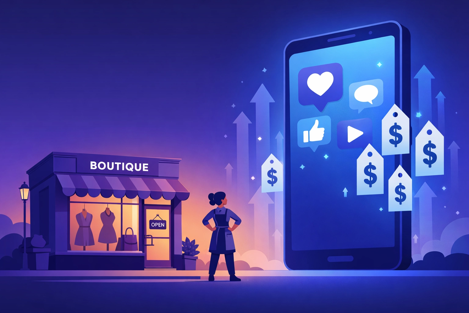 Small local business storefront competing against large social media advertising platforms with rising costs