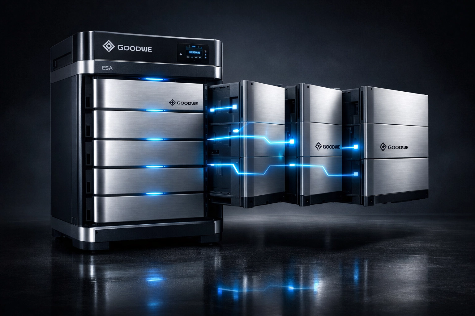 Modular GoodWe ESA battery system showing scalable energy storage modules for home power.